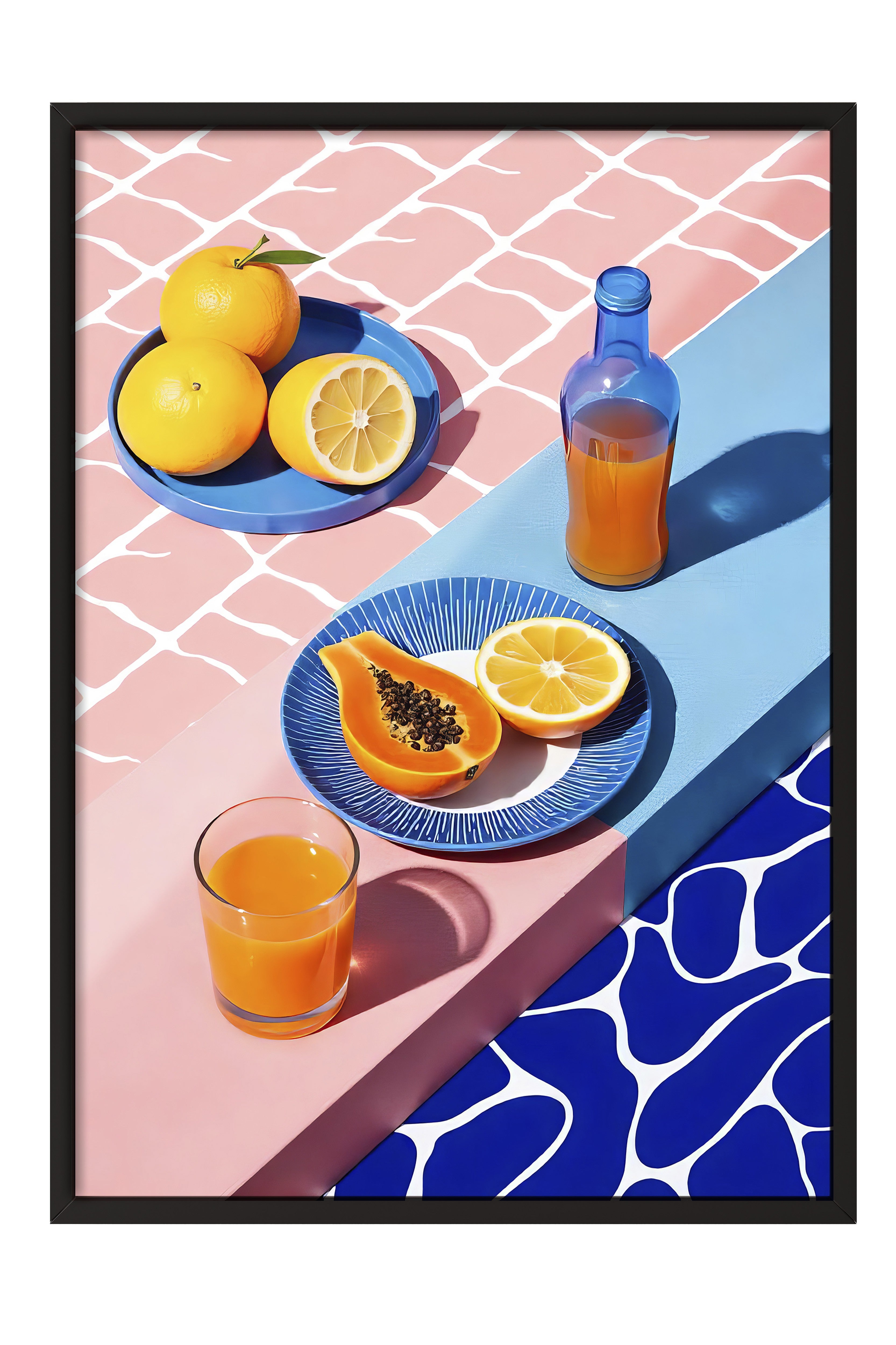 Siyah Çerçeveli Tablo, Portakallar ve Limonlar, İllüstrasyon, Maximalist, Pembe Renk Poster, 2025 Yaz Seçkisi, NO:109787