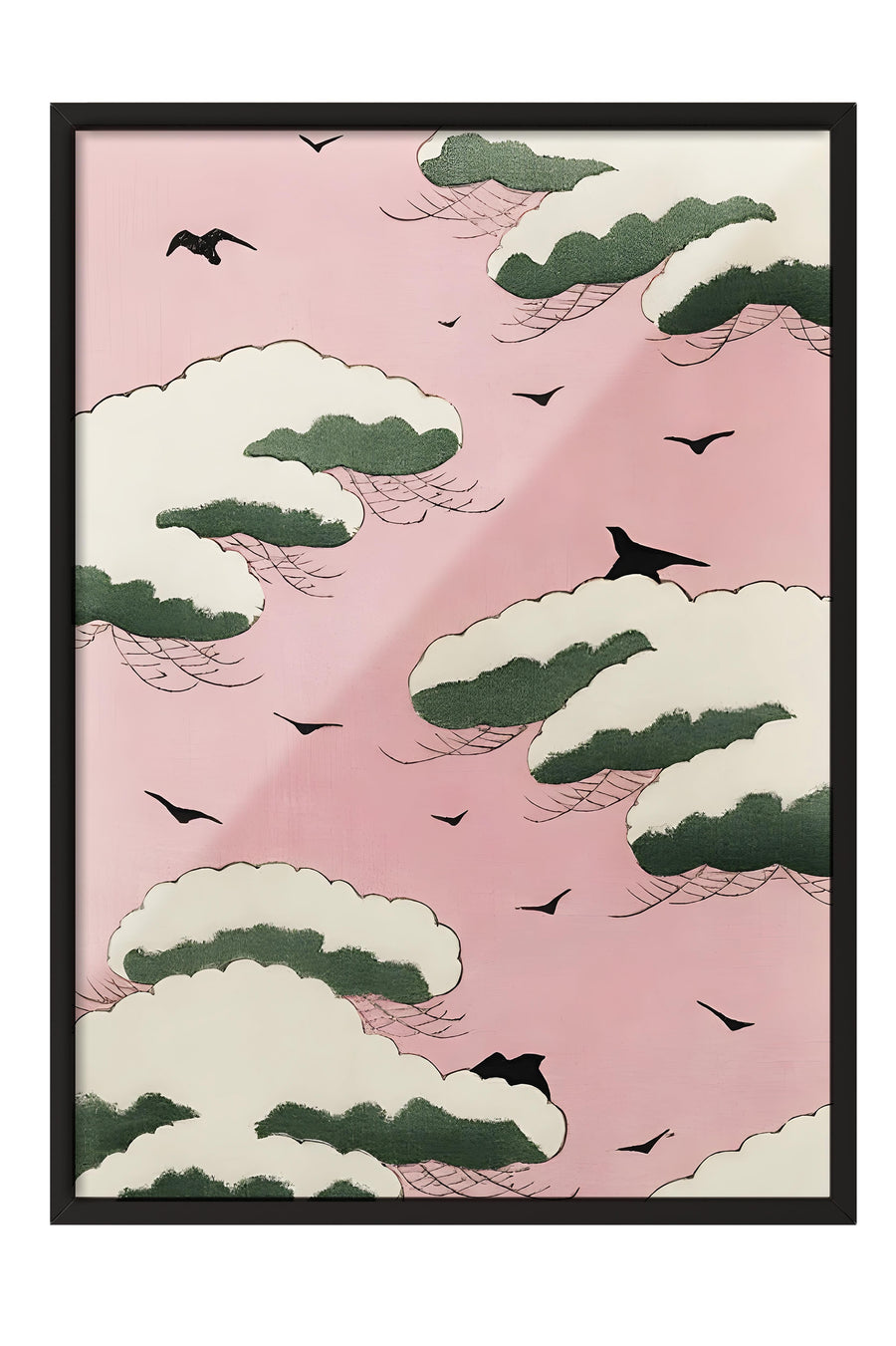 Pembe Gökyüzünde Çam Bulutları Japon Sanatı Poster – Siyah Çerçeveli Tablo