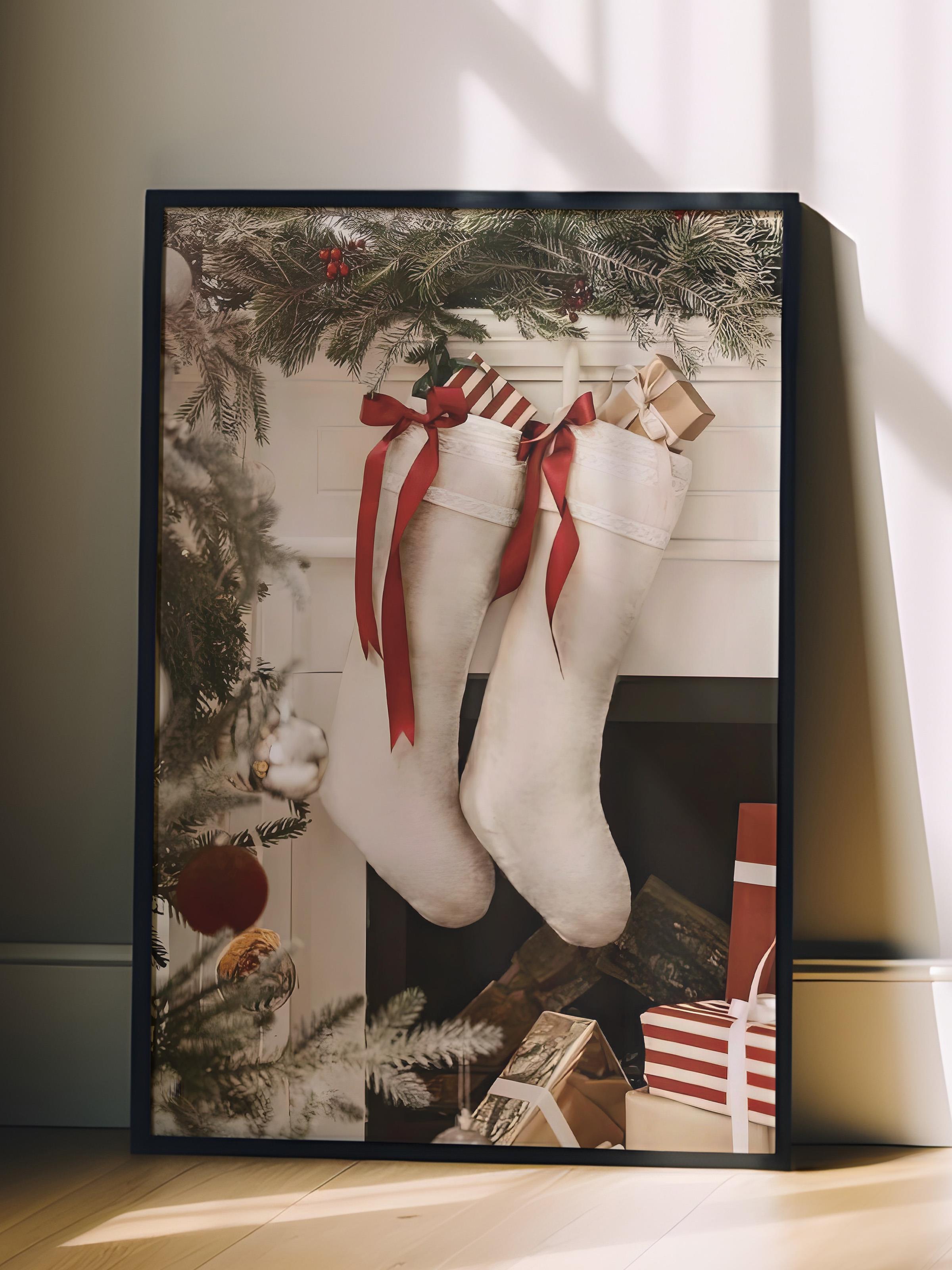Siyah Çerçeveli Tablo, Yılbaşı Poster, Yılbaşı Dekoru,Christmas Stockings Comfort Serisi NO:108625