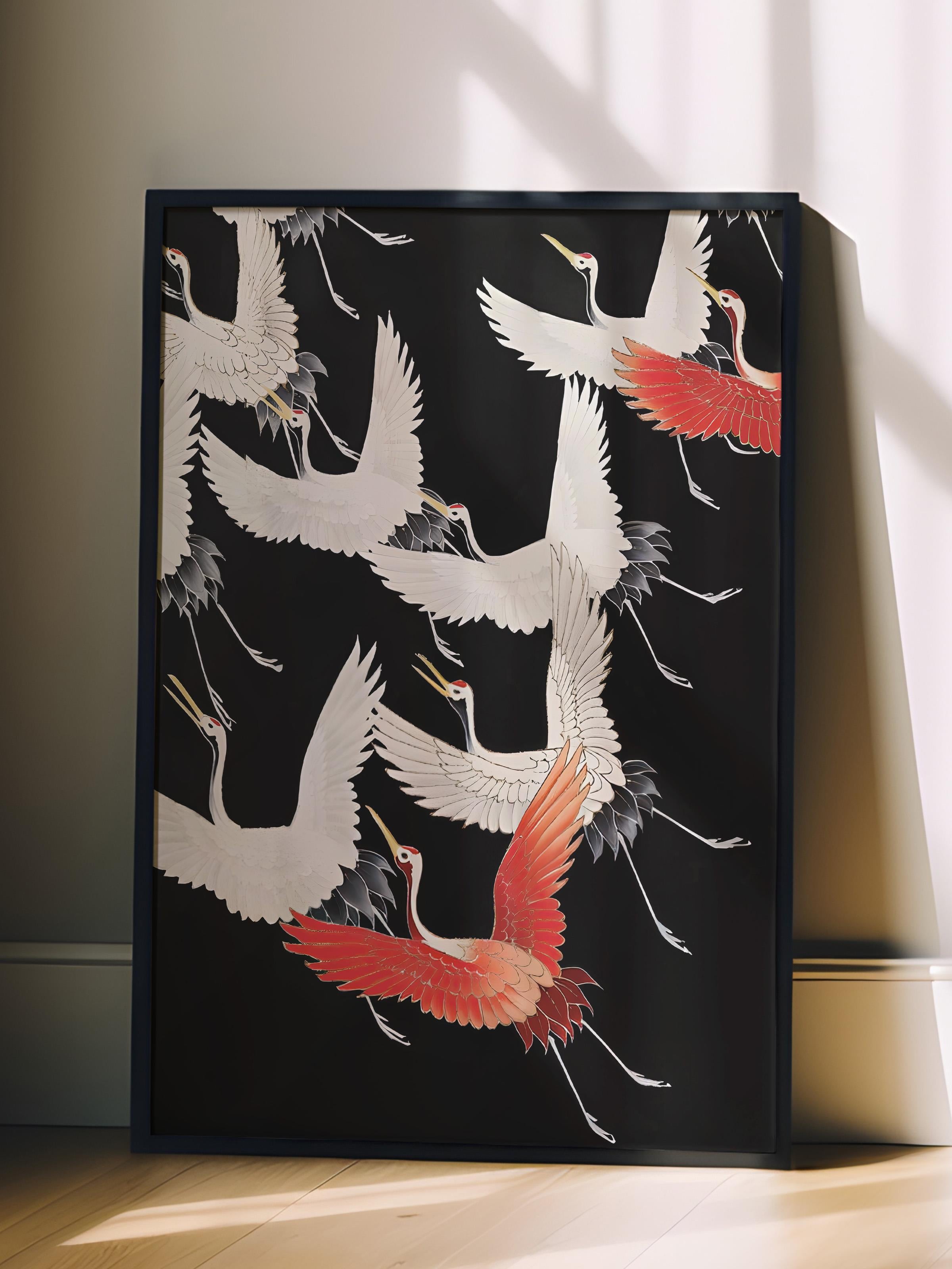 Siyah Çerçeveli Tablo, Poster ve Çerçeve Seti, Crane Birds Black Comfort Serisi NO:108724
