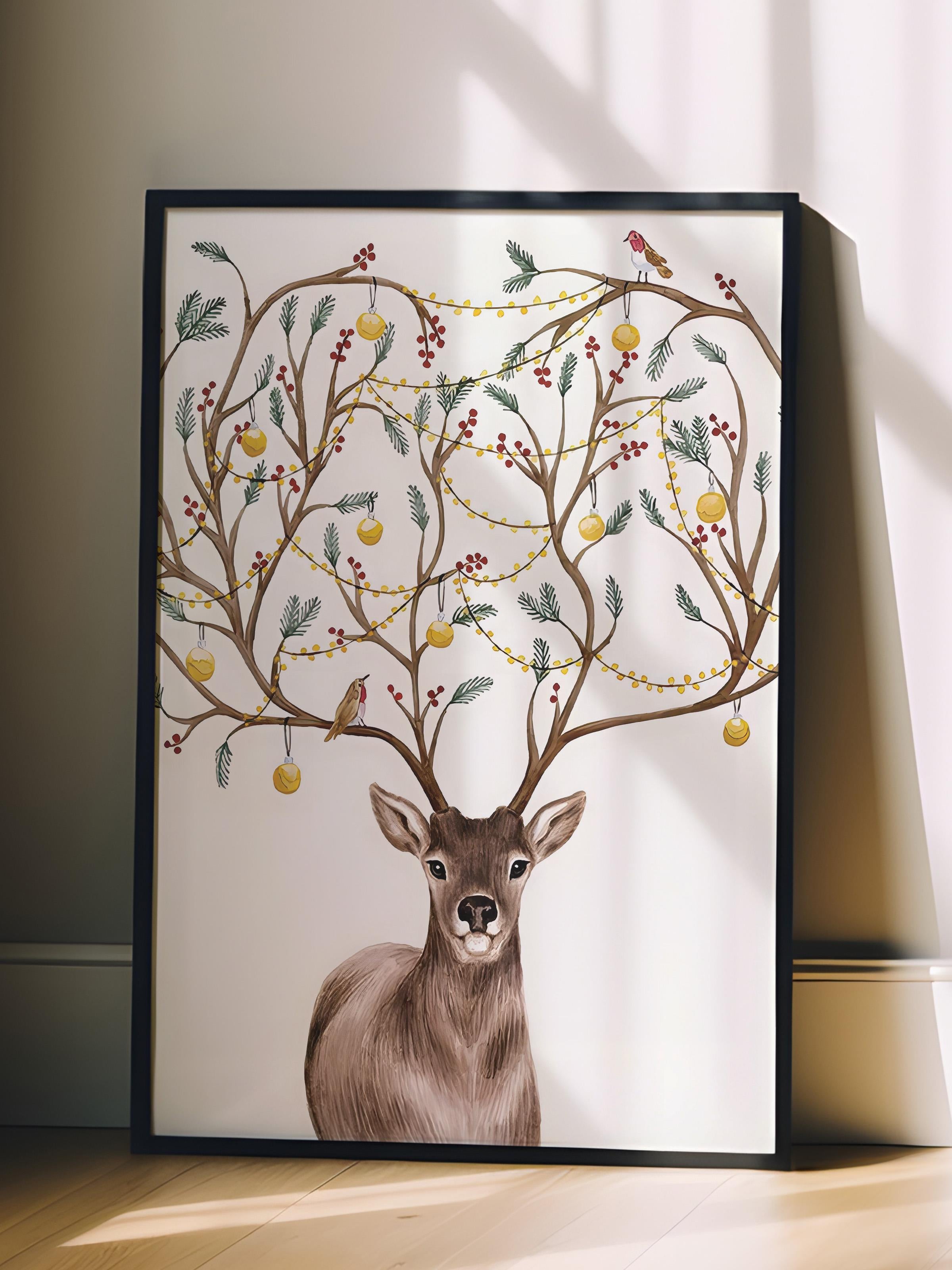 Siyah Çerçeveli Tablo, Yılbaşı Poster, Yılbaşı Dekoru,Decorated Deer Comfort Serisi NO:108642