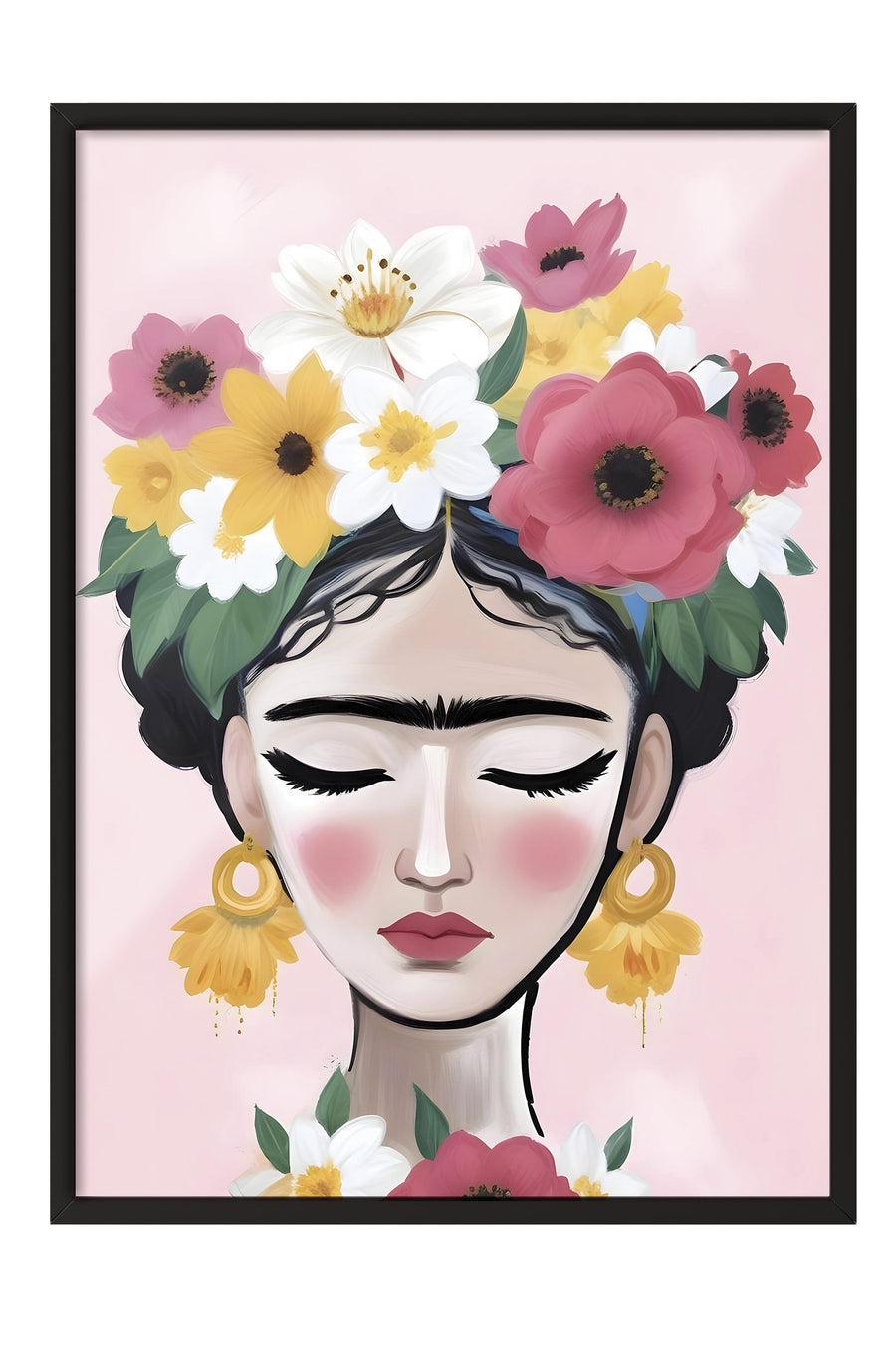Kadın portresi ve çiçekler Poster – Siyah Çerçeveli Tablo