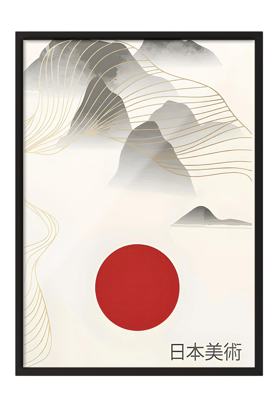 Kızıl Güneş ve Dağlar Japon Sanatı Poster – Siyah Çerçeveli Tablo