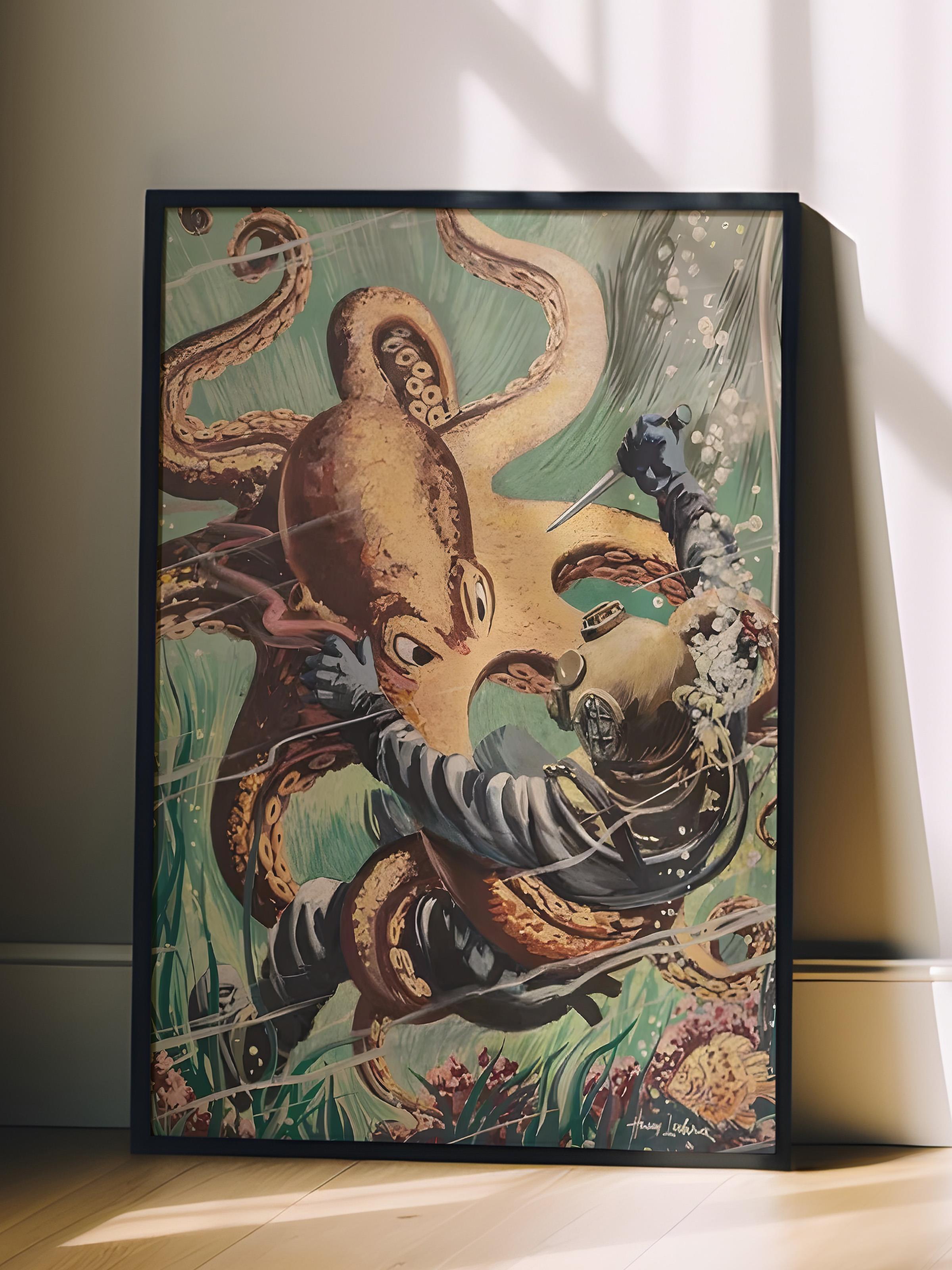 Siyah Çerçeveli Tablo, Poster ve Çerçeve Seti, Octopus Attacks Comfort Serisi NO:108733