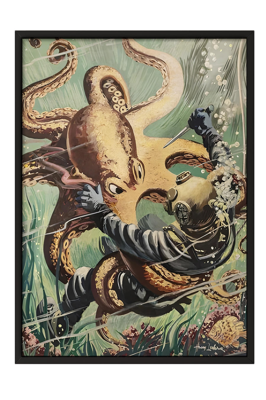 Mürekkepbalığı ile Dalgıç Mücadelesi Poster – Siyah Çerçeveli Tablo