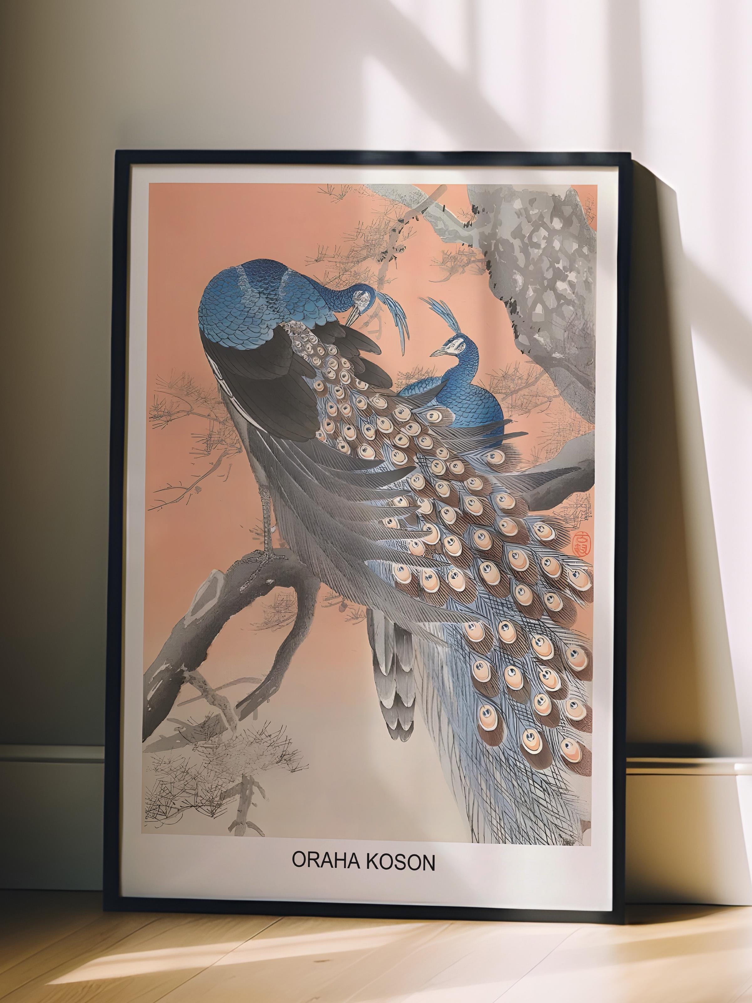 Siyah Çerçeveli Tablo, Ohara Koson - Two Peacocks Tree Branch Comfort Serisi NO:108713