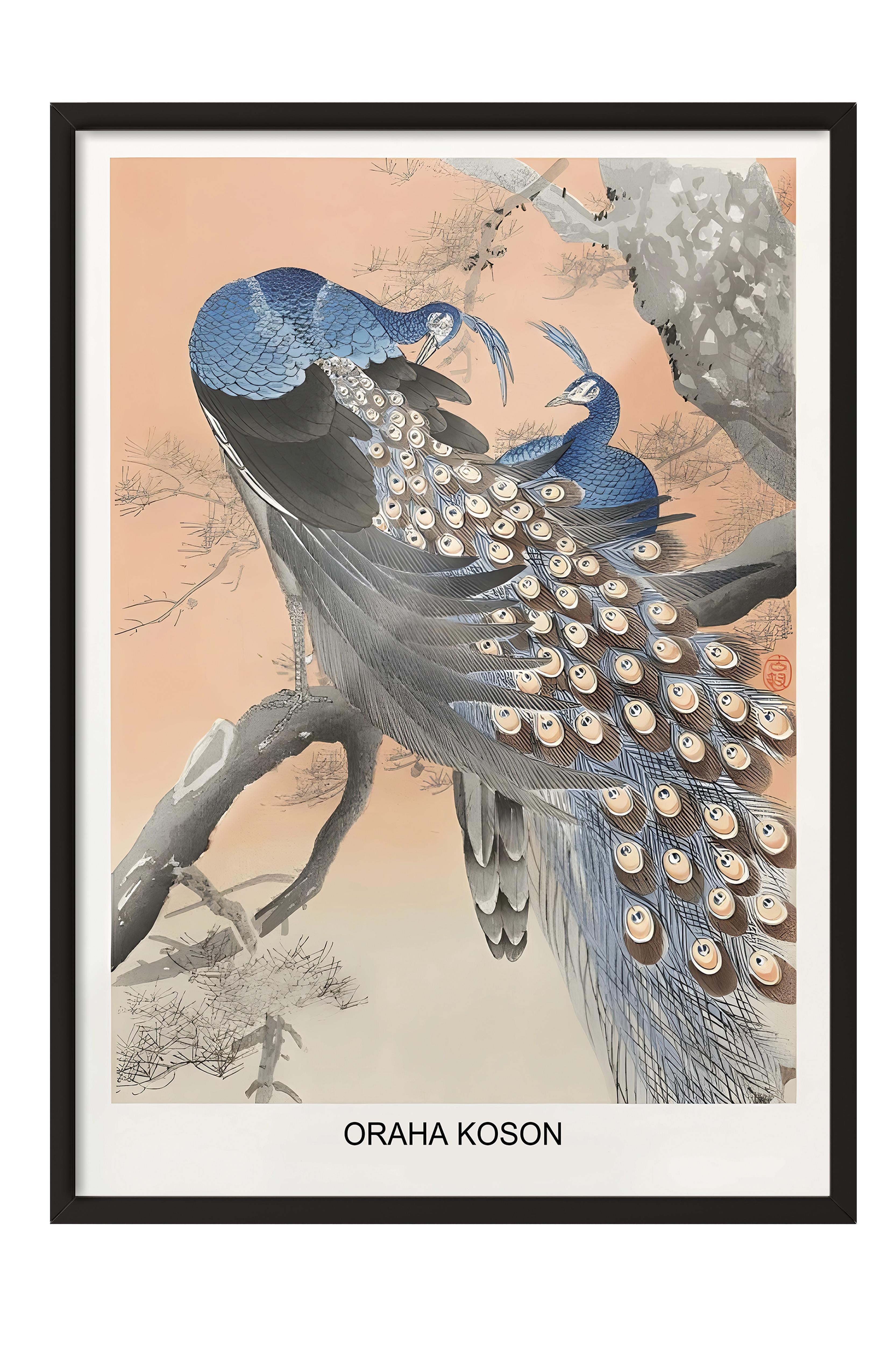 Siyah Çerçeveli Tablo, Ohara Koson - Two Peacocks Tree Branch Comfort Serisi NO:108713