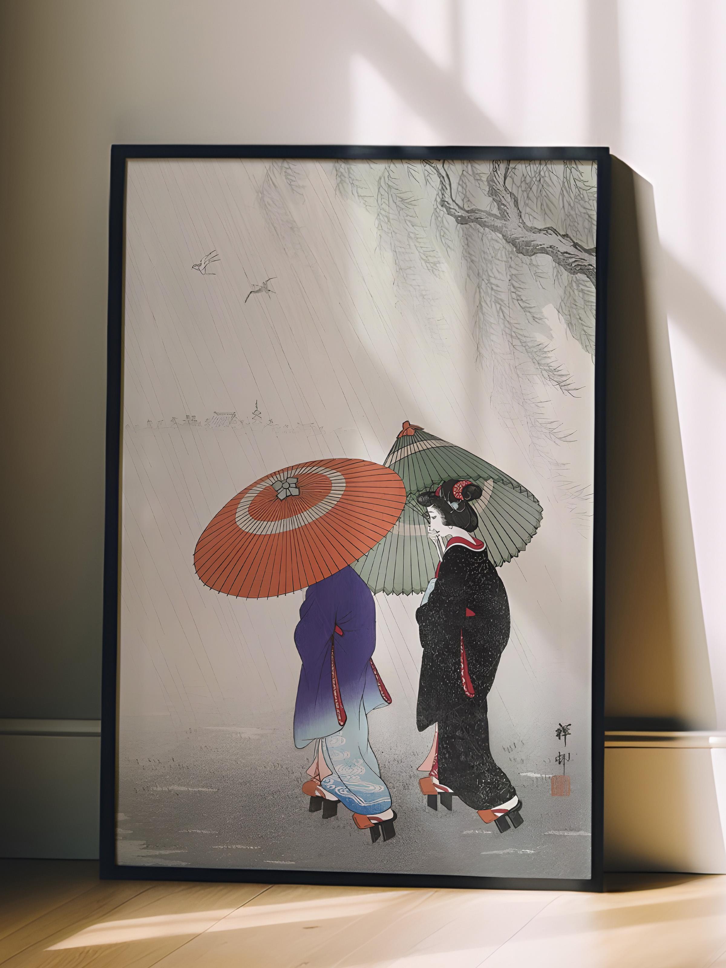 Siyah Çerçeveli Tablo, Ohara Koson - Two Women In The Rain Comfort Serisi NO:108716