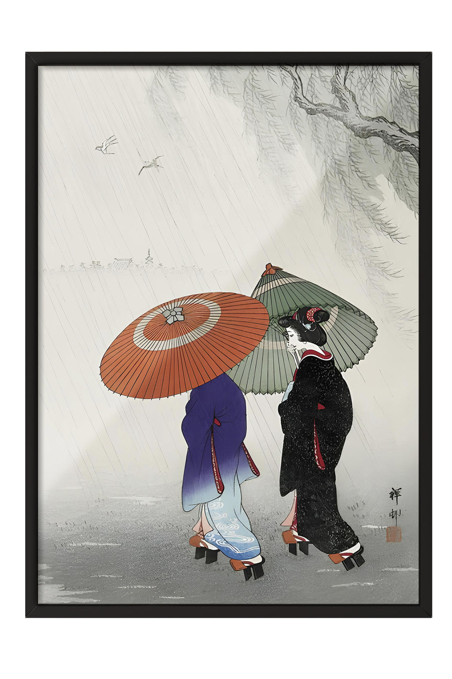 Yağmurda Yürüyen Kimonolu Kadınlar Japon Sanatı Poster – Siyah Çerçeveli Tablo