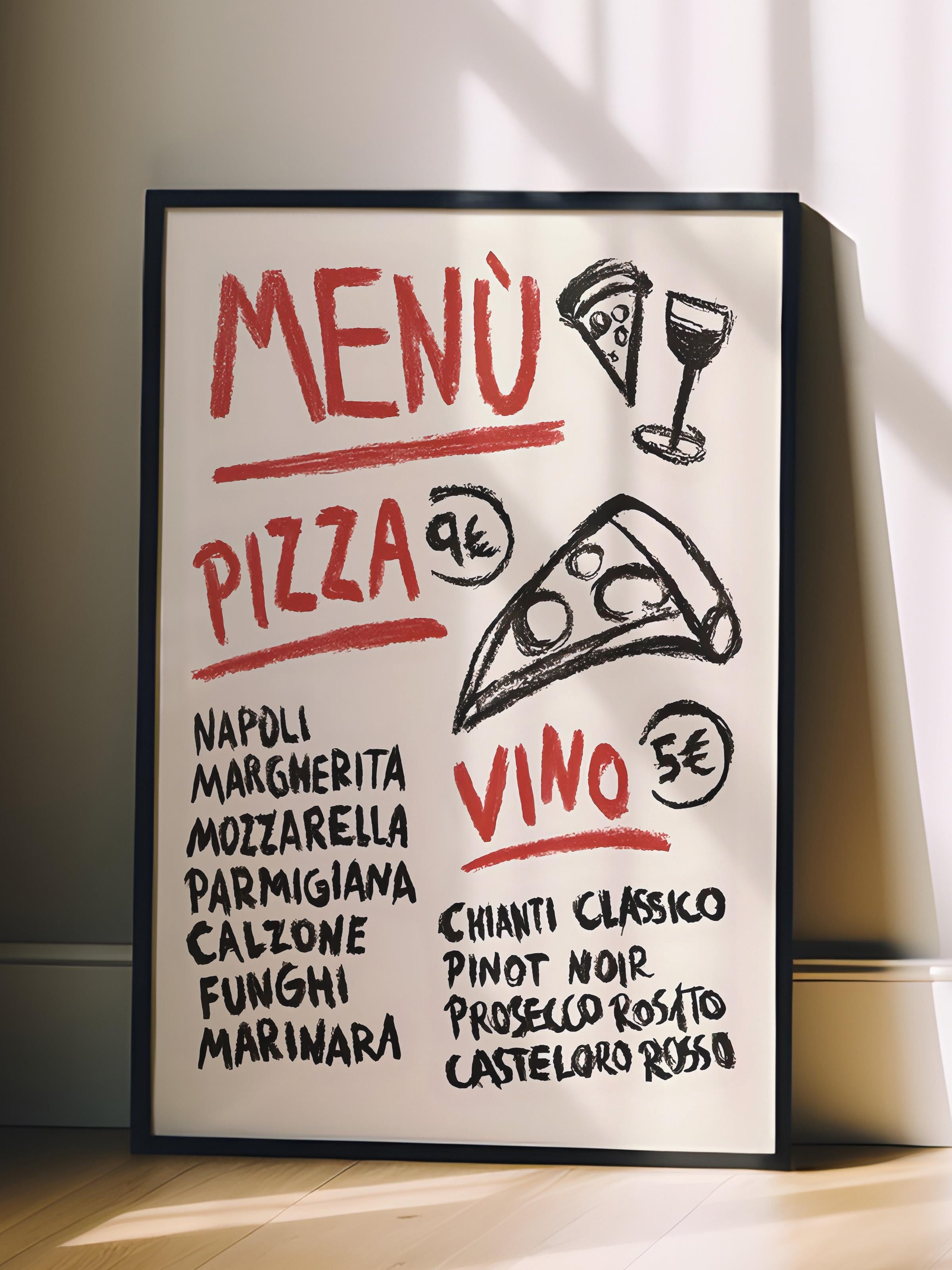 Siyah Çerçeveli Tablo, Poster ve Çerçeve Seti, Pizza Vino Menu Comfort Serisi NO:108605