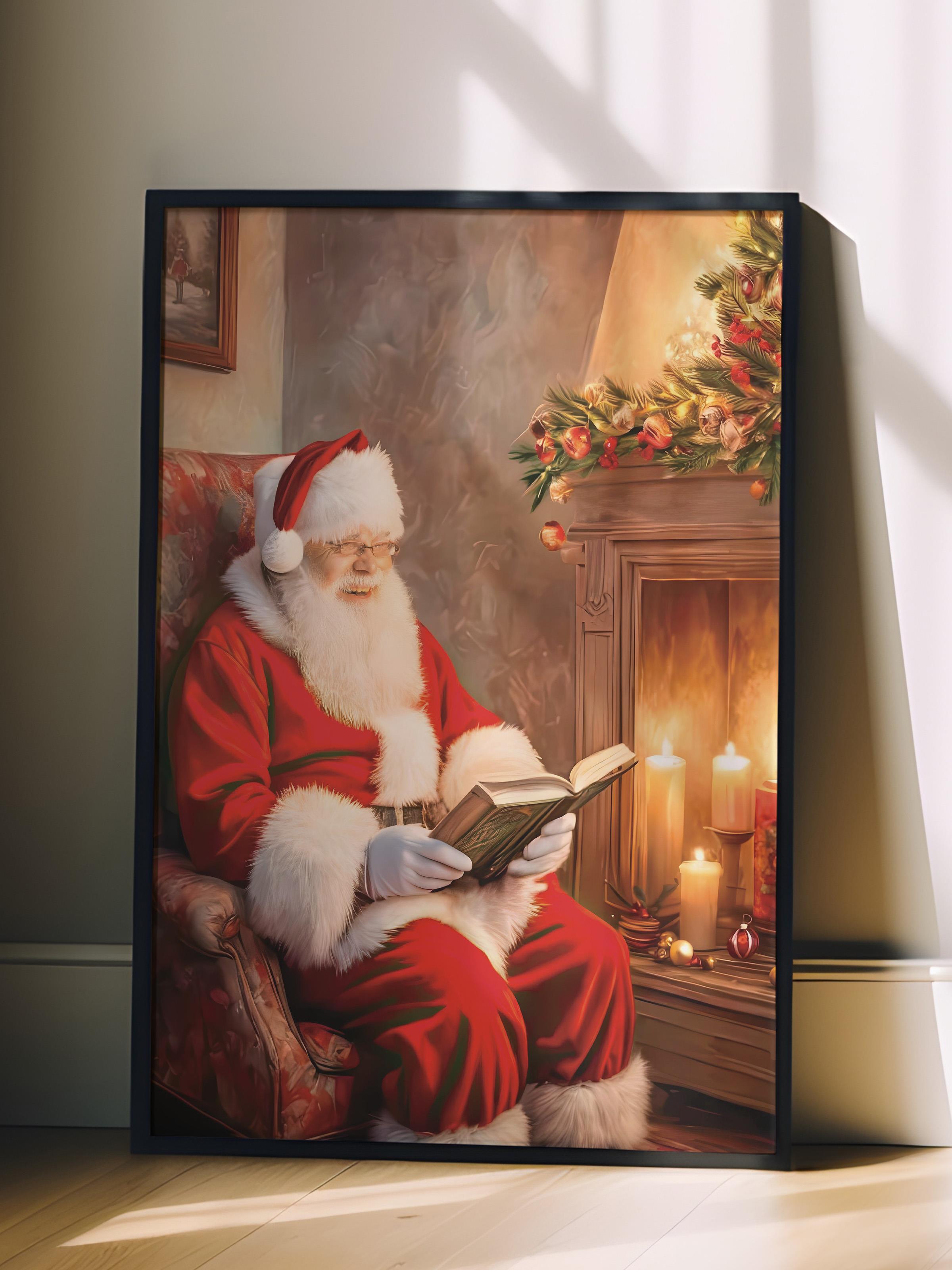 Siyah Çerçeveli Tablo, Yılbaşı Poster, Yılbaşı Dekoru,Reading Santa Comfort Serisi NO:108622
