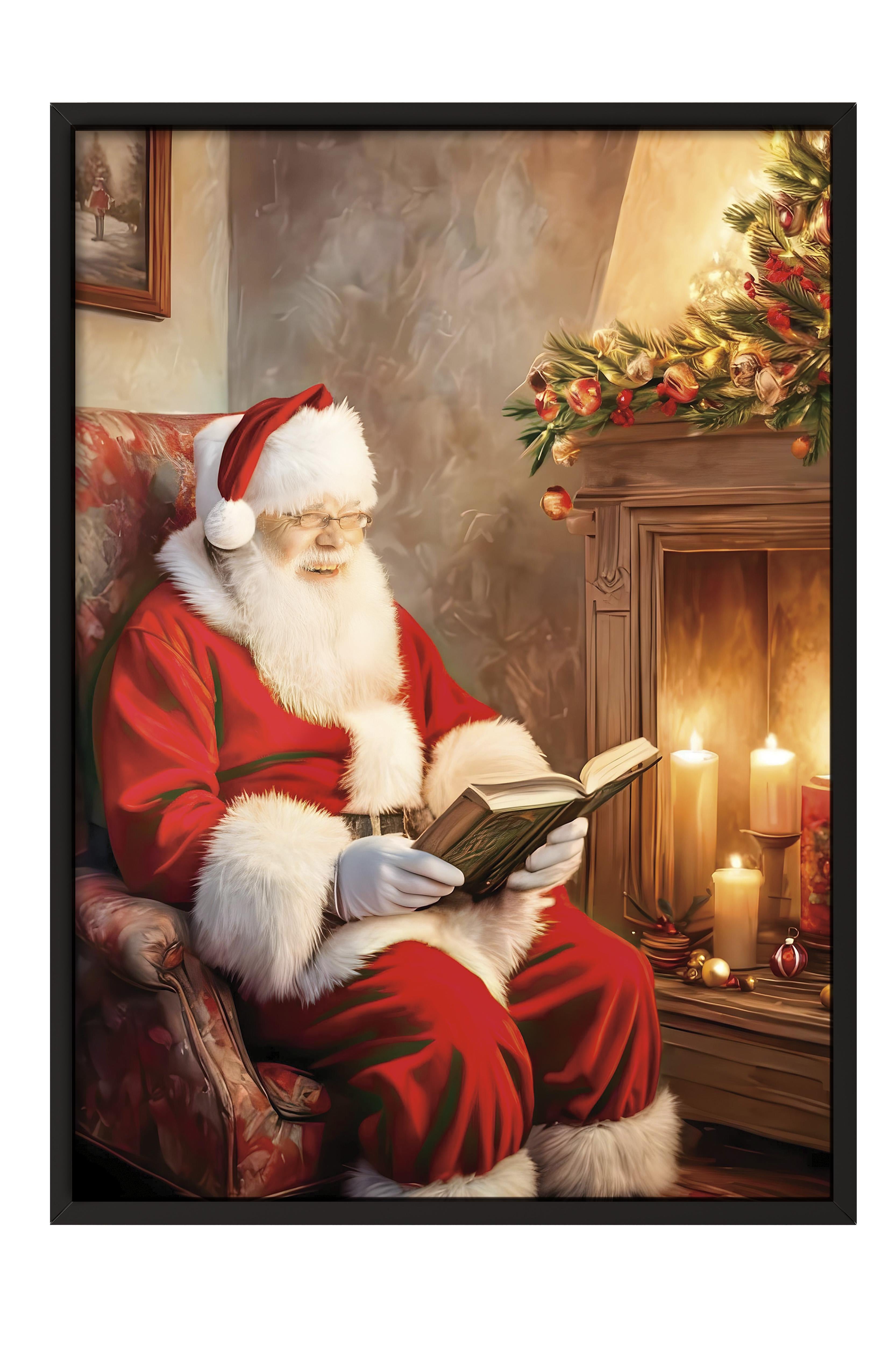 Siyah Çerçeveli Tablo, Yılbaşı Poster, Yılbaşı Dekoru,Reading Santa Comfort Serisi NO:108622