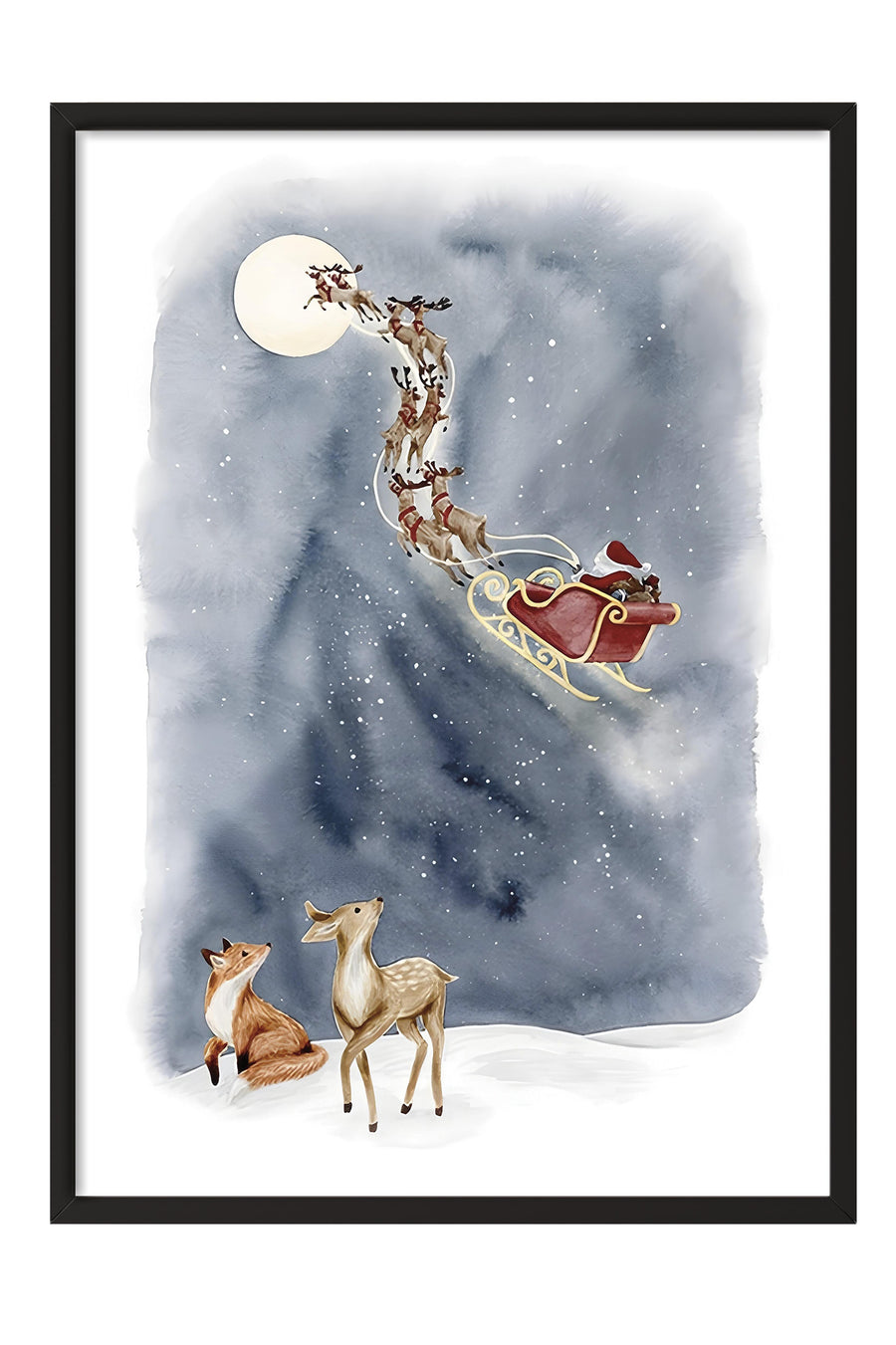 Ayışığında Noel Baba ve Ren Geyikleri Yılbaşı Poster – Siyah Çerçeveli Tablo