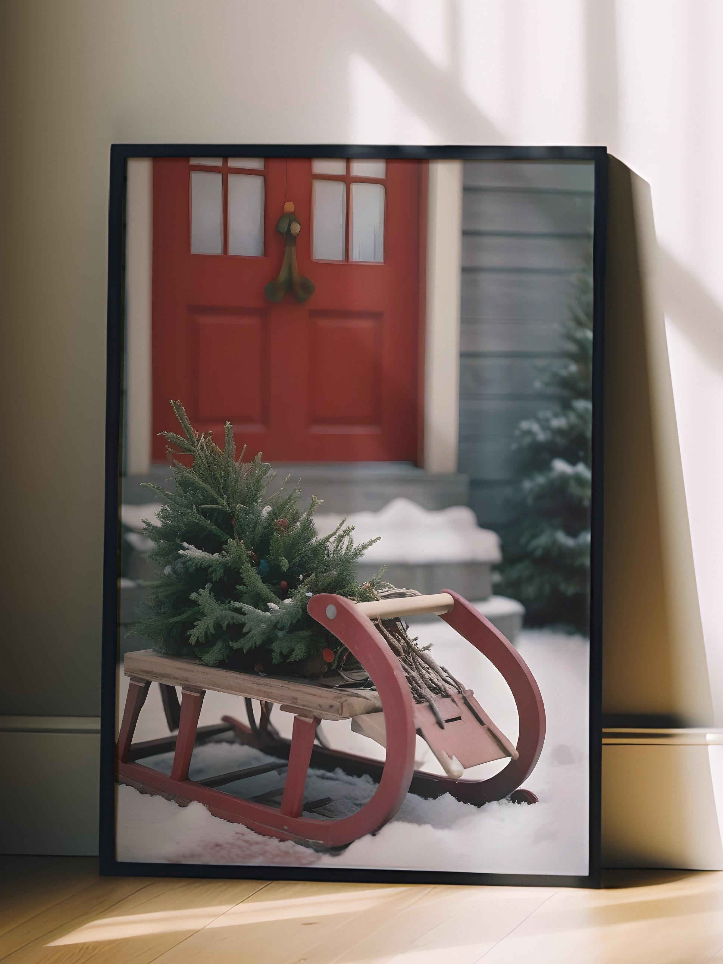 Siyah Çerçeveli Tablo, Yılbaşı Poster, Yılbaşı Dekoru,Wooden Sleigh Comfort Serisi NO:108620