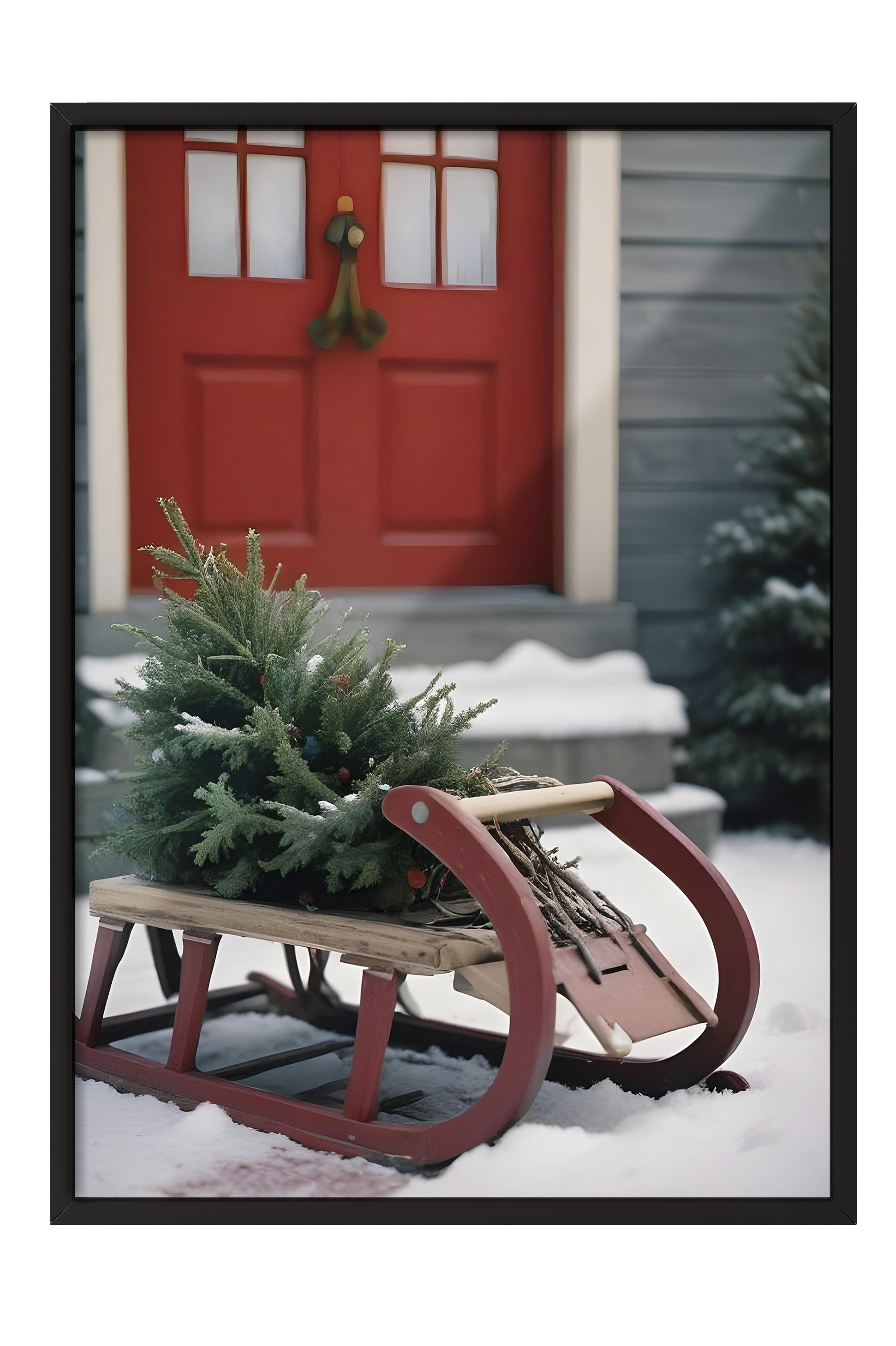 Siyah Çerçeveli Tablo, Yılbaşı Poster, Yılbaşı Dekoru,Wooden Sleigh Comfort Serisi NO:108620