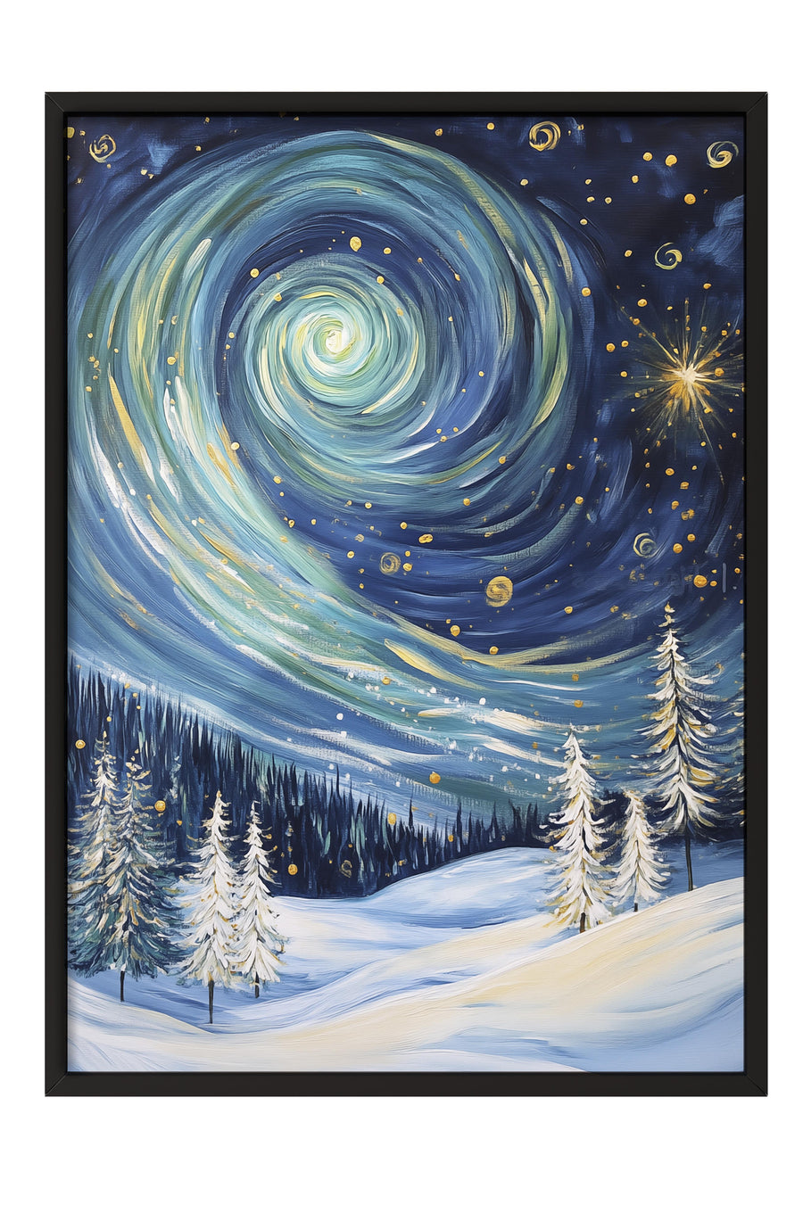 Kış Manzarası ve Spiral Gökyüzü Yılbaşı Poster – Siyah Çerçeveli Tablo