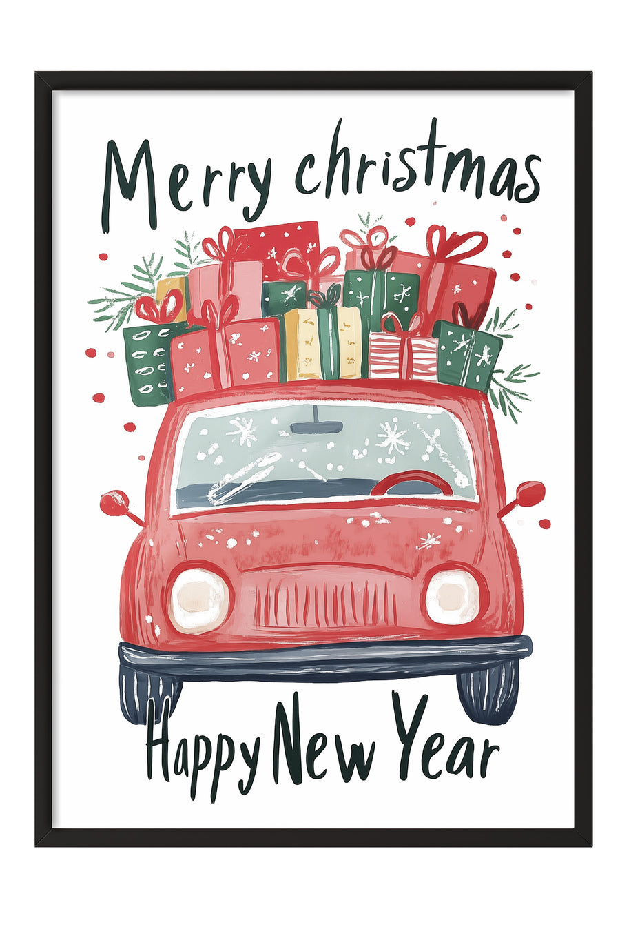 Merry christmas Happy New Year Yılbaşı Poster – Siyah Çerçeveli Tablo
