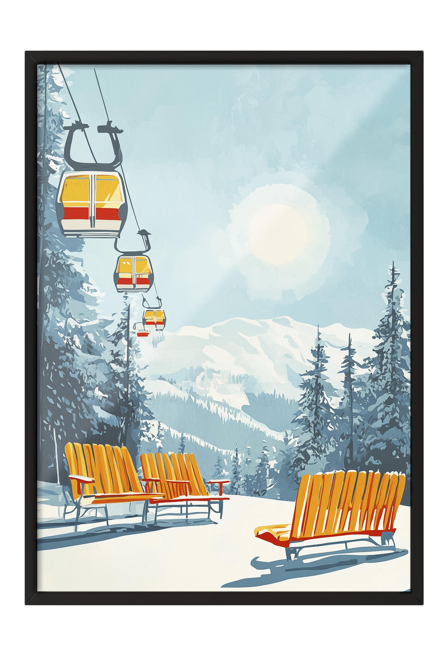 Kış Manzaralı Kayak Teleferiği Yılbaşı Poster – Siyah Çerçeveli Tablo
