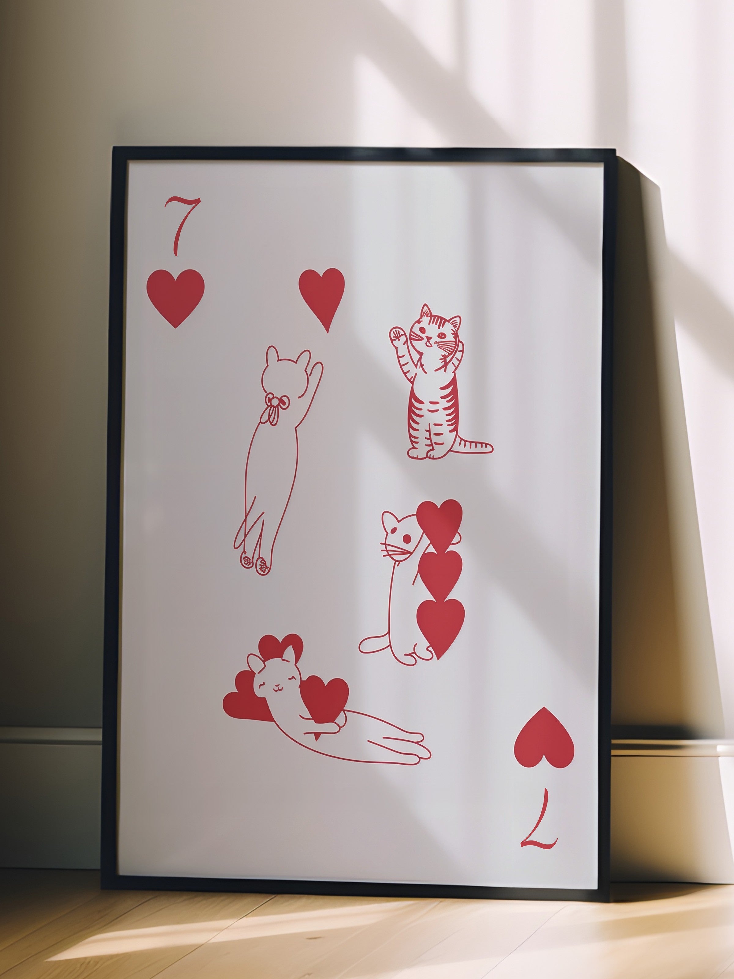 Siyah Çerçeveli Tablo, Red | 7 of Hearts with Cats, Comfort Serisi Poster ve Duvar Tablosu, NO:108938