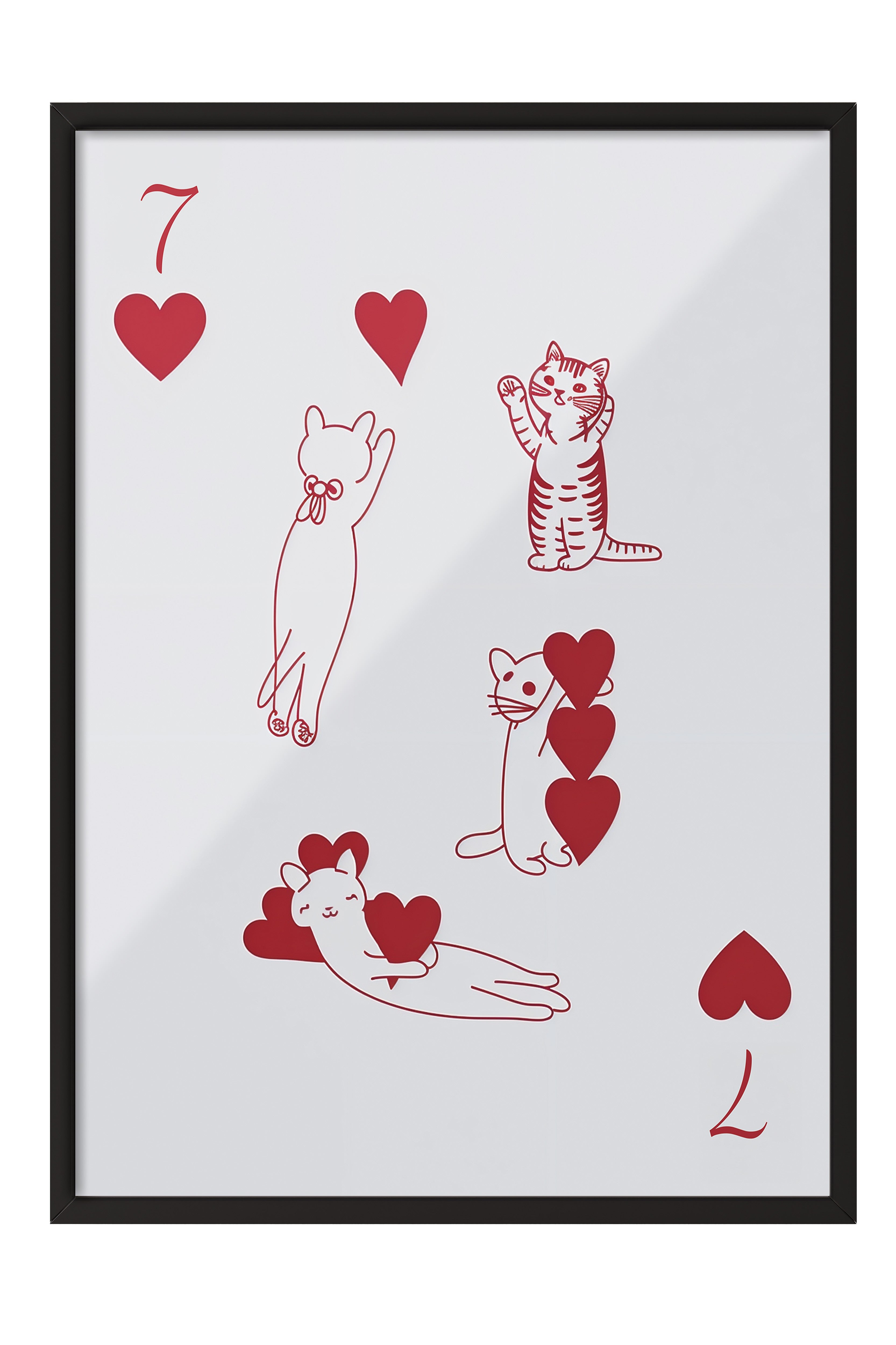 Siyah Çerçeveli Tablo, Red | 7 of Hearts with Cats, Comfort Serisi Poster ve Duvar Tablosu, NO:108938