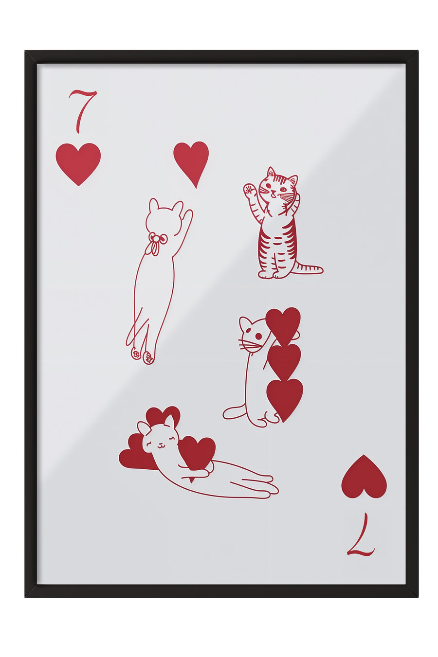 Siyah Çerçeveli Tablo, Red | 7 of Hearts with Cats, Comfort Serisi Poster ve Duvar Tablosu, NO:108938