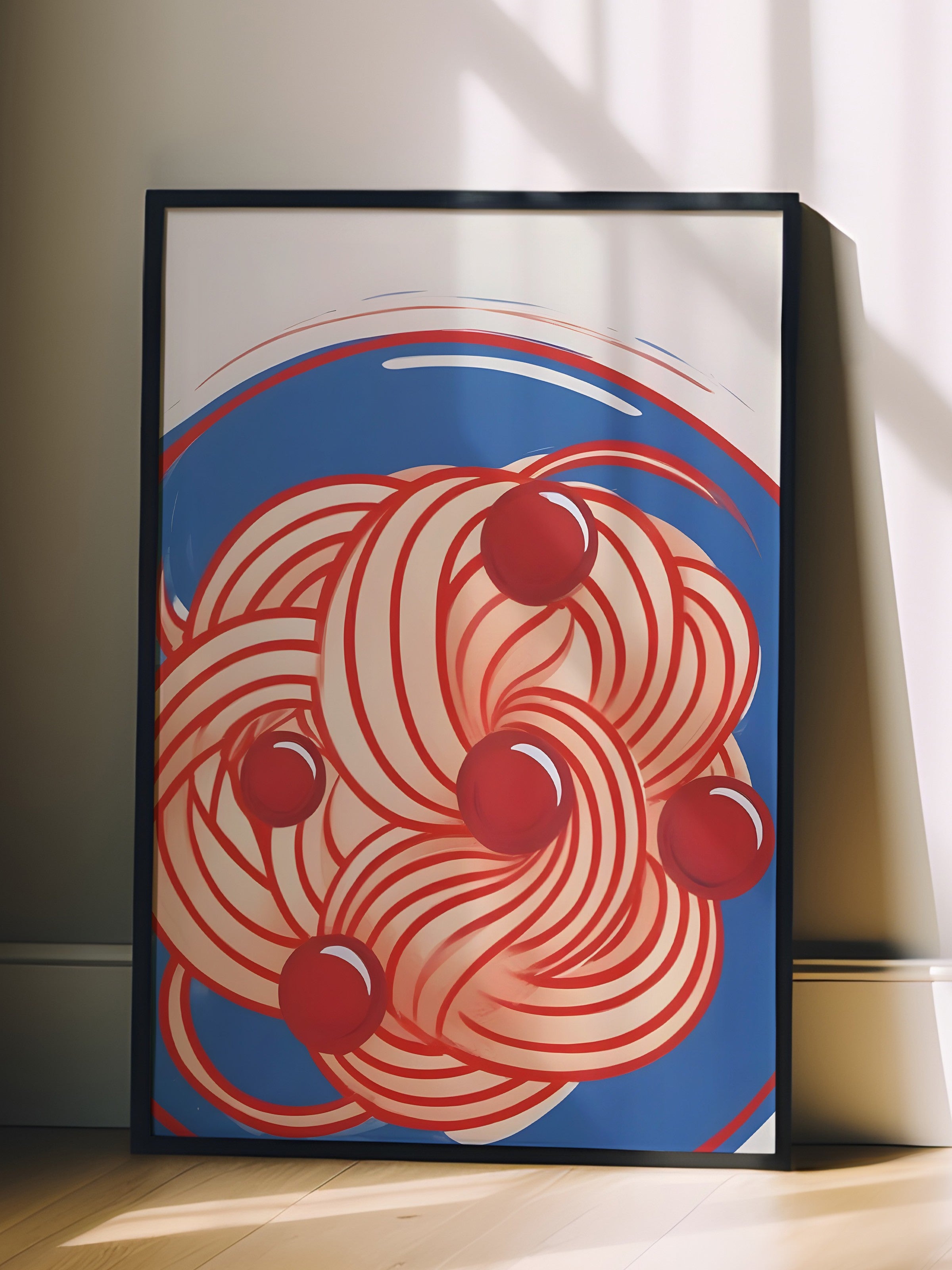 Siyah Çerçeveli Tablo, Red Pasta, Blue Bowl, Comfort Serisi Mutfak Duvar Tablosu, NO:109098