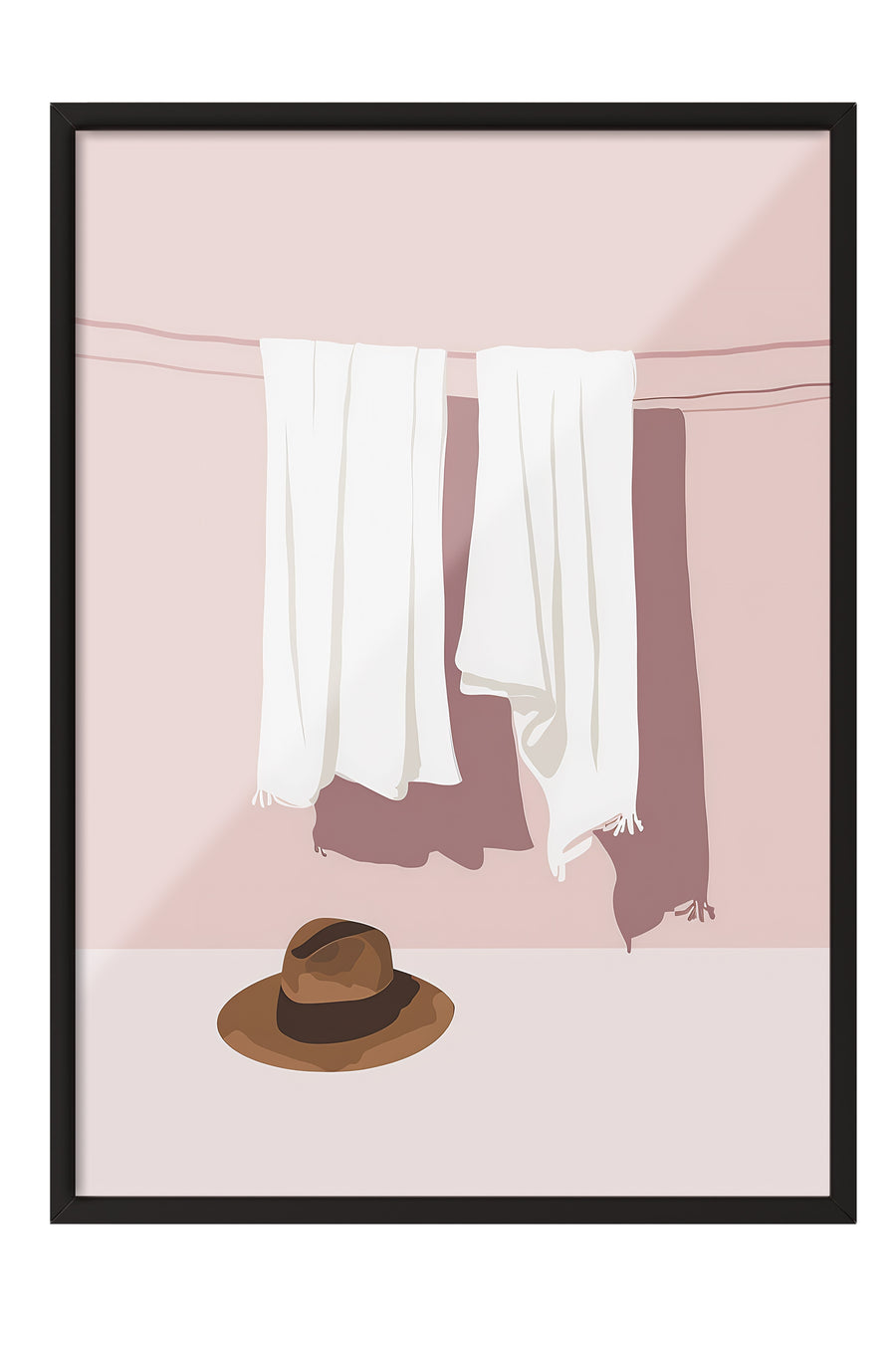 İple Asılı Havlular ve Şapka Minimalist Beyaz Poster – Siyah Çerçeveli Tablo
