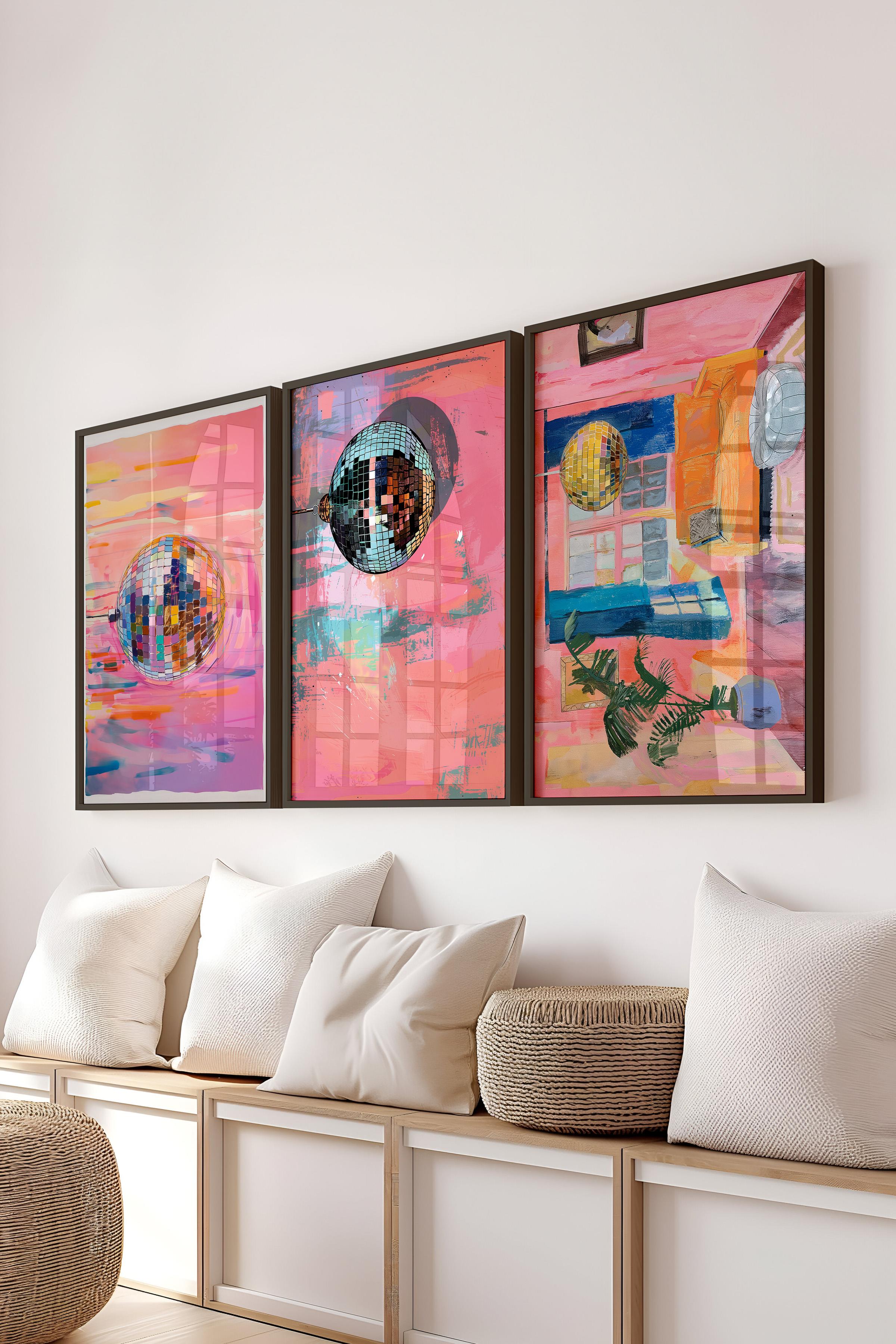 Siyah Çerçeveli Tablo Seti, Disko Topu Maximalist Duvar Tablosu, 3 Adet Poster Seti, No:300789