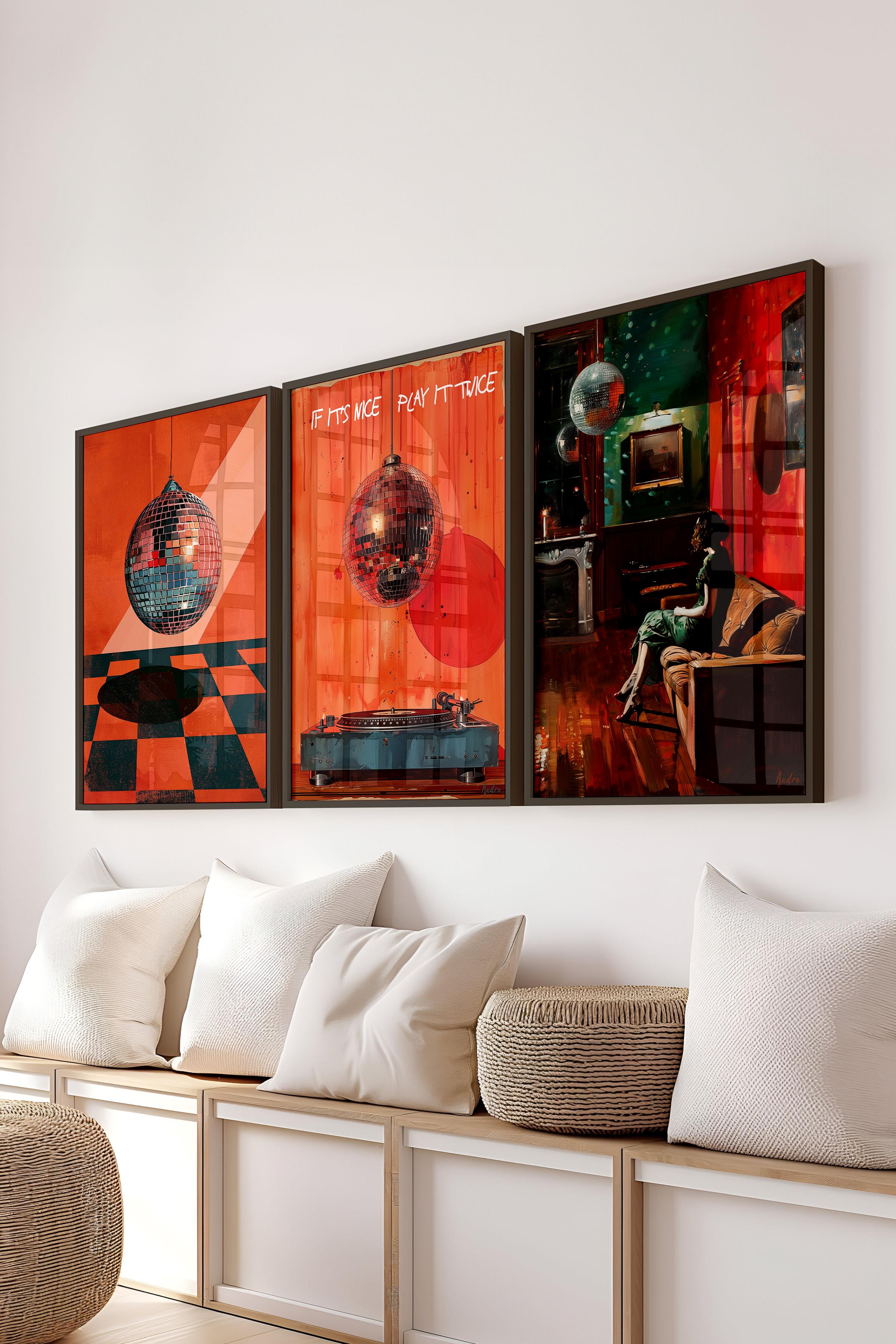 Siyah Çerçeveli Tablo Seti, Disko Topu Maximalist Duvar Tablosu, 3 Adet Poster Seti, No:300791
