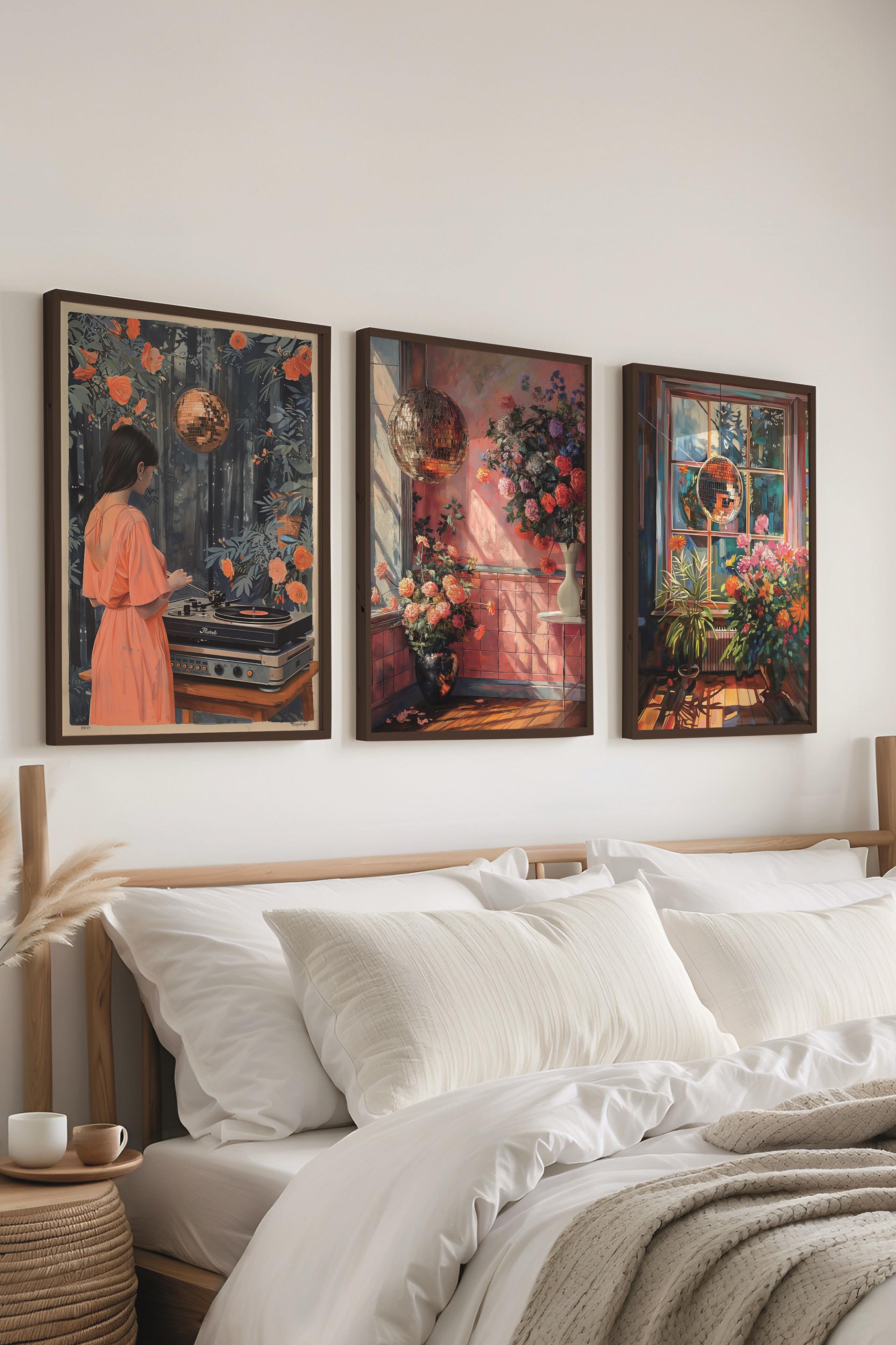 Siyah Çerçeveli Tablo Seti, Disko Topu Maximalist Duvar Tablosu, 3 Adet Poster Seti, No:300792