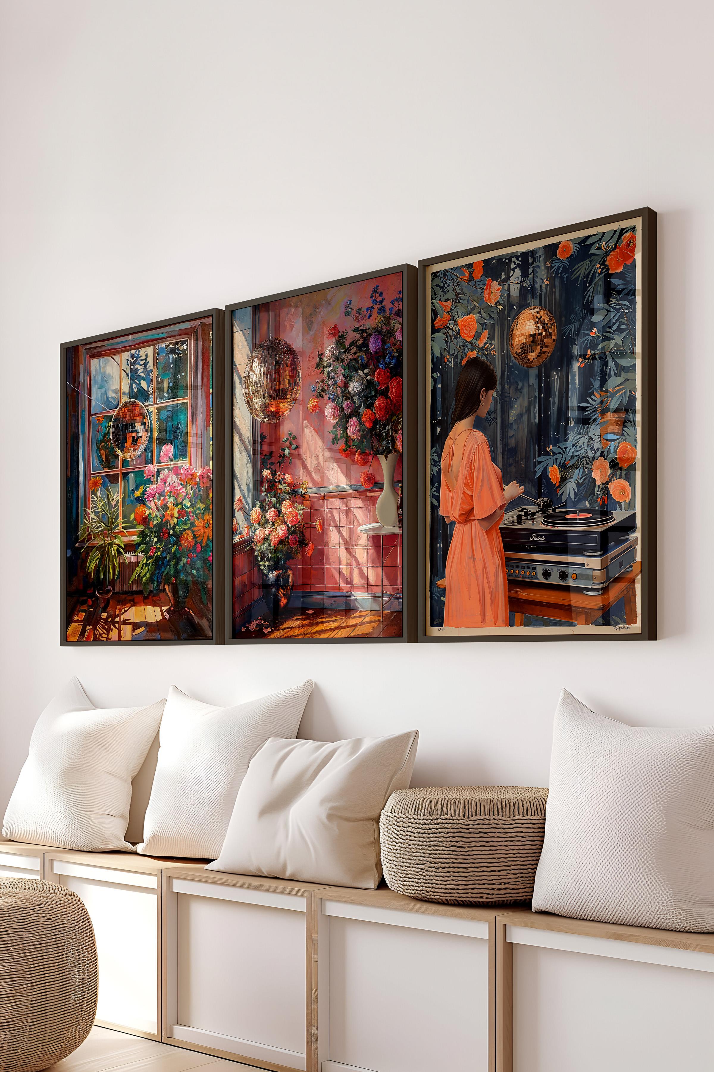 Siyah Çerçeveli Tablo Seti, Disko Topu Maximalist Duvar Tablosu, 3 Adet Poster Seti, No:300792