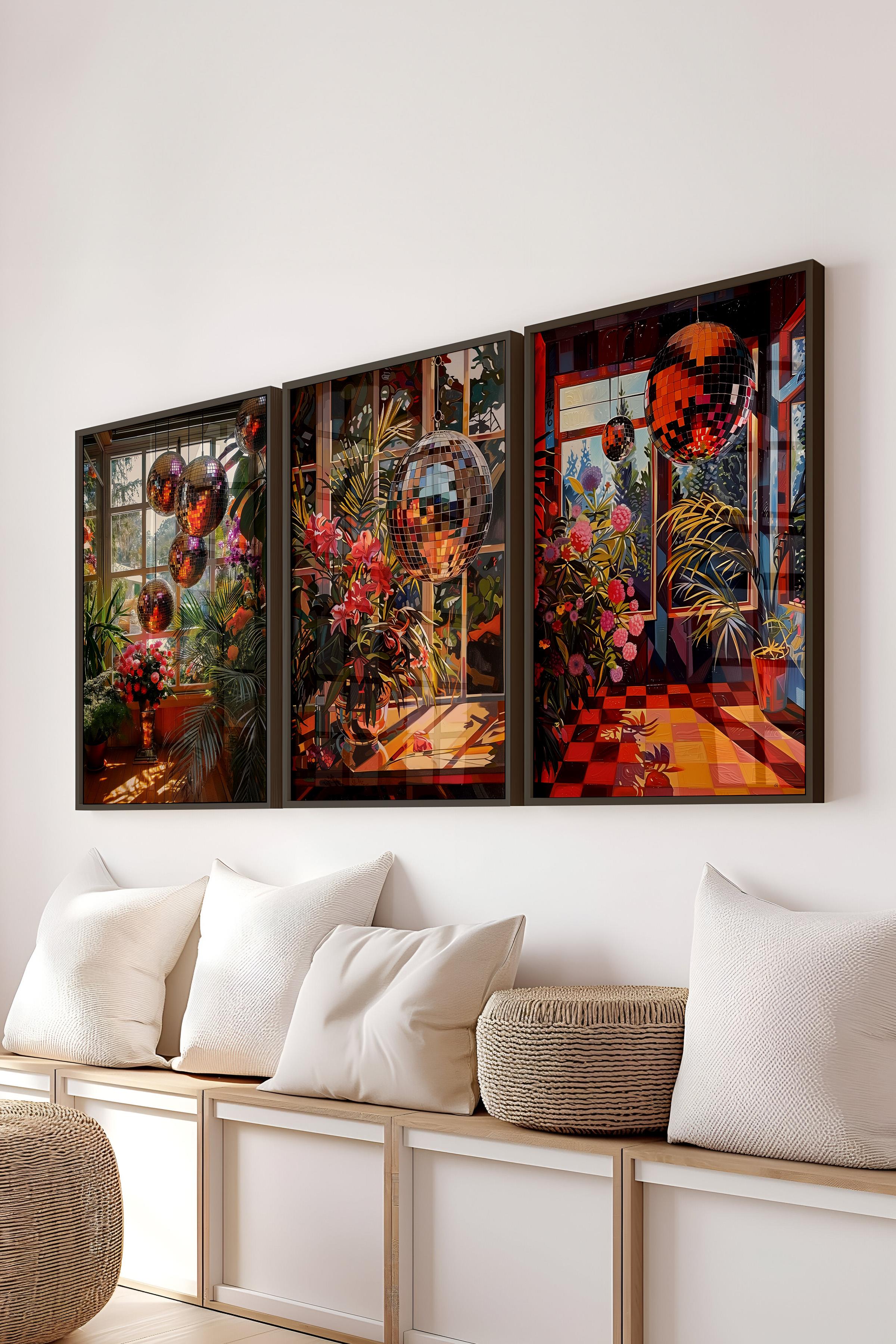 Siyah Çerçeveli Tablo Seti, Disko Topu Maximalist Duvar Tablosu, 3 Adet Poster Seti, No:300793