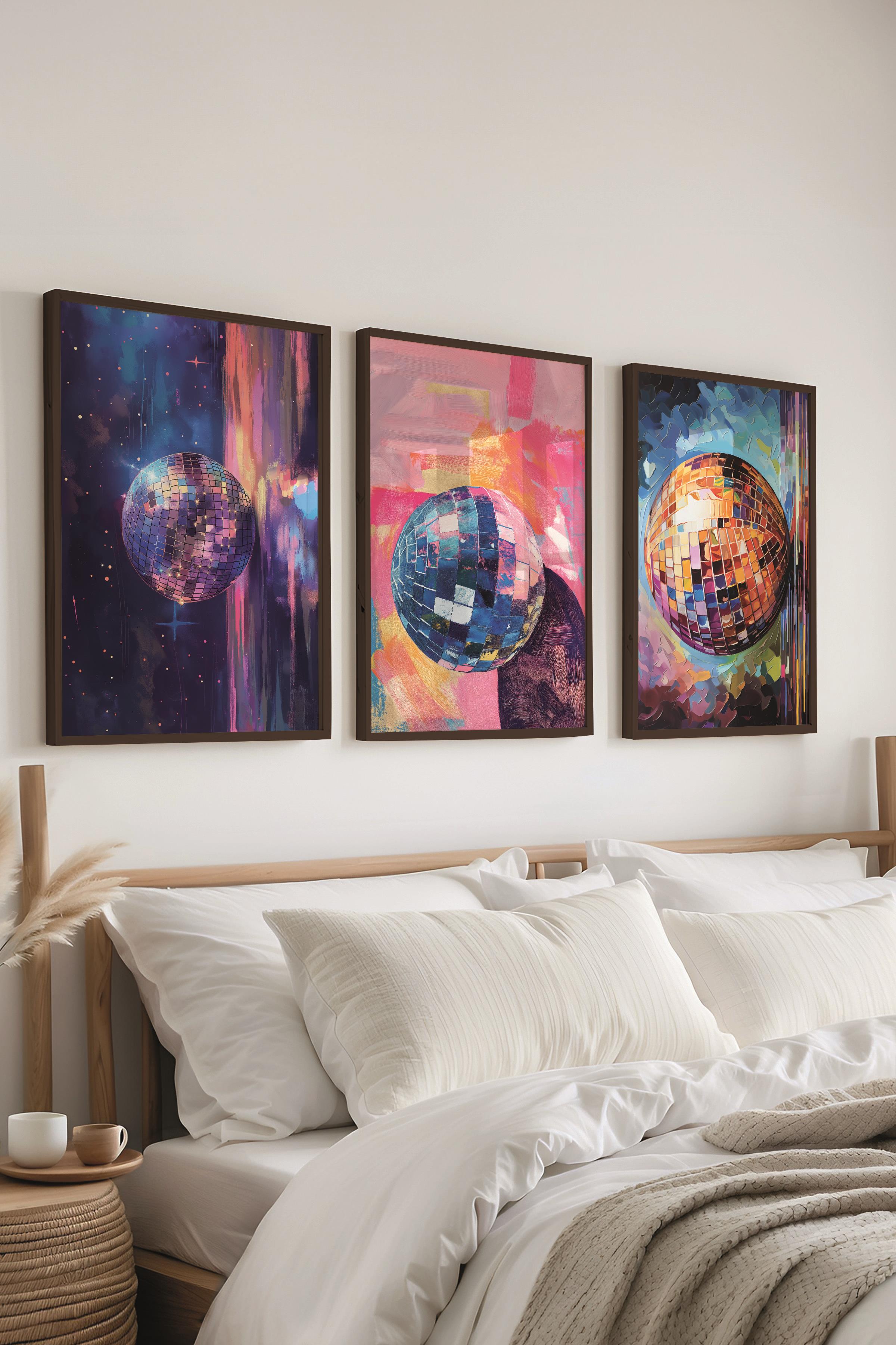 Siyah Çerçeveli Tablo Seti, Disko Topu Maximalist Duvar Tablosu, 3 Adet Poster Seti, No:300796