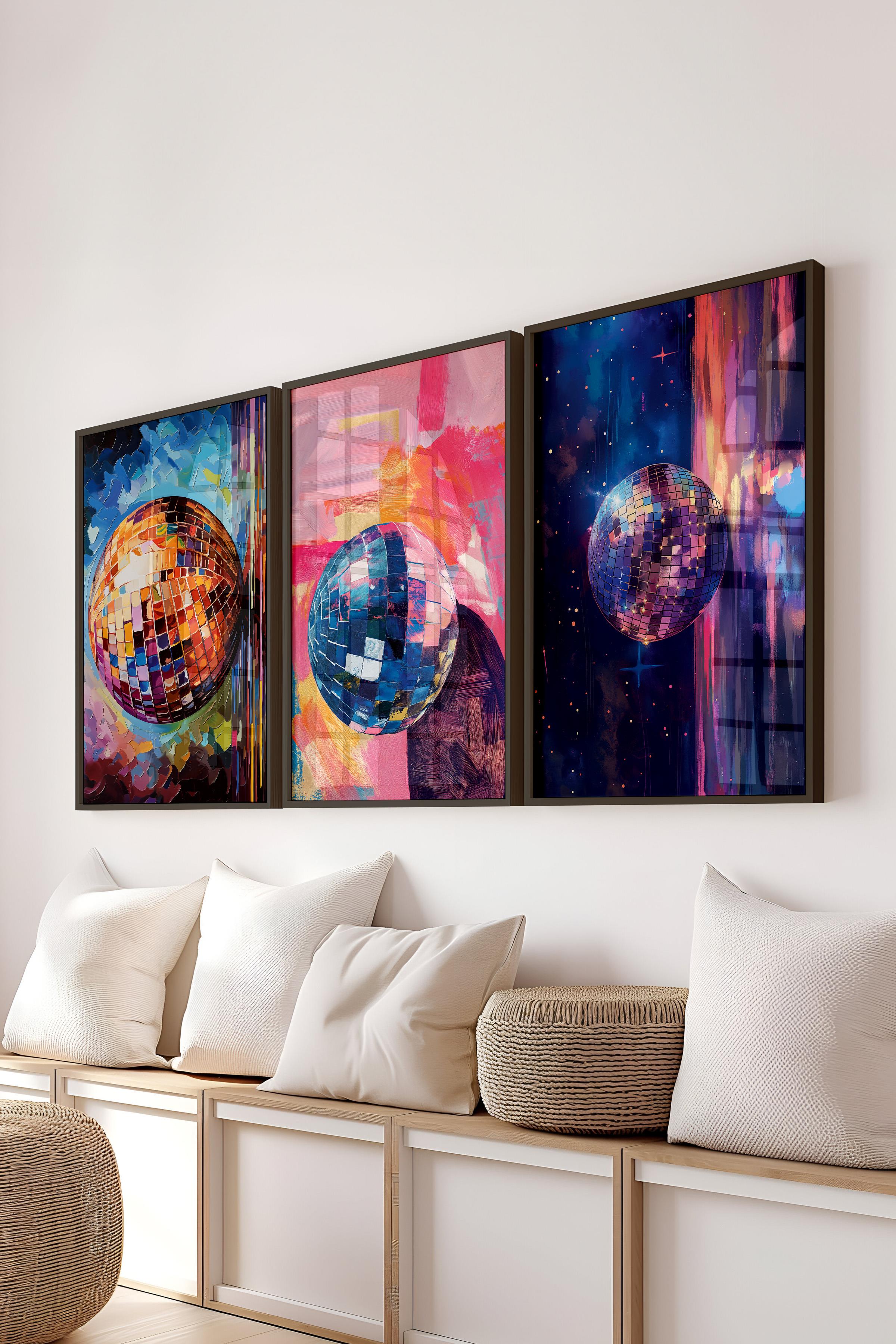 Siyah Çerçeveli Tablo Seti, Disko Topu Maximalist Duvar Tablosu, 3 Adet Poster Seti, No:300796