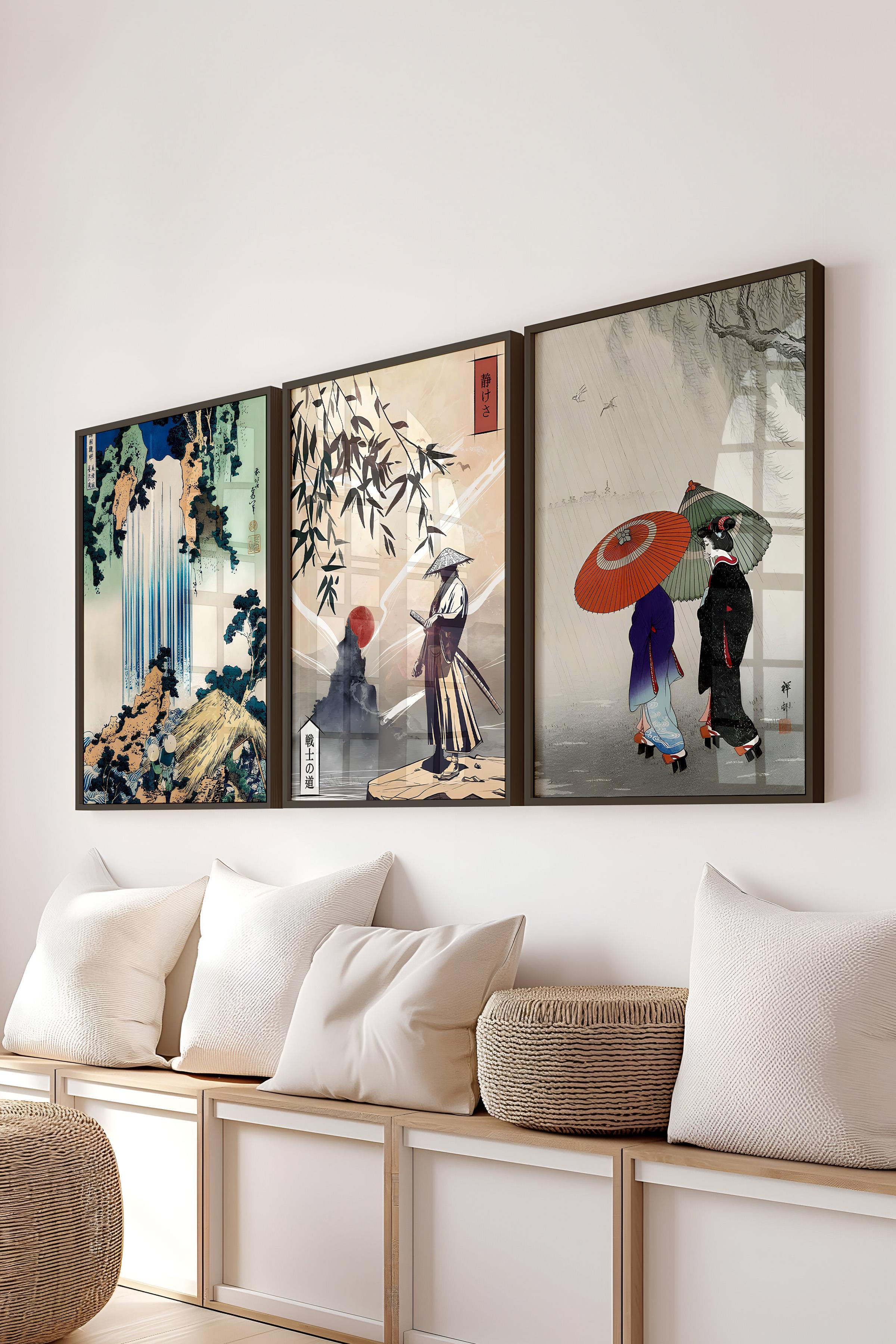 Siyah Çerçeveli Tablo Seti, Hokusai Duvar Tablosu, 3 Adet Poster Seti, No:300742