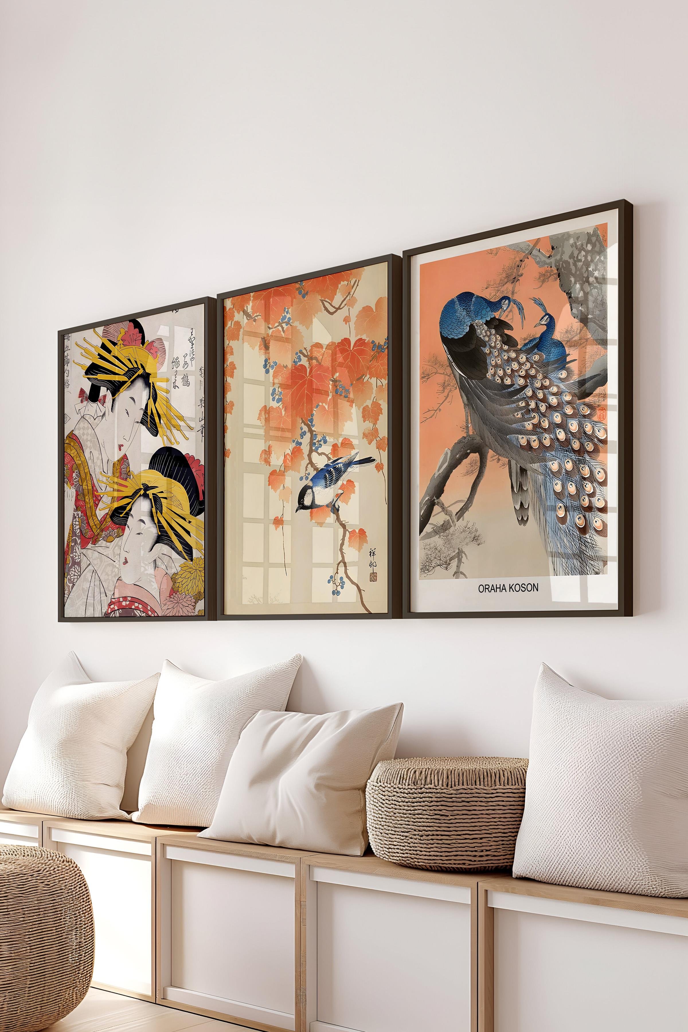 Siyah Çerçeveli Tablo Seti, Hokusai Duvar Tablosu, 3 Adet Poster Seti, No:300743