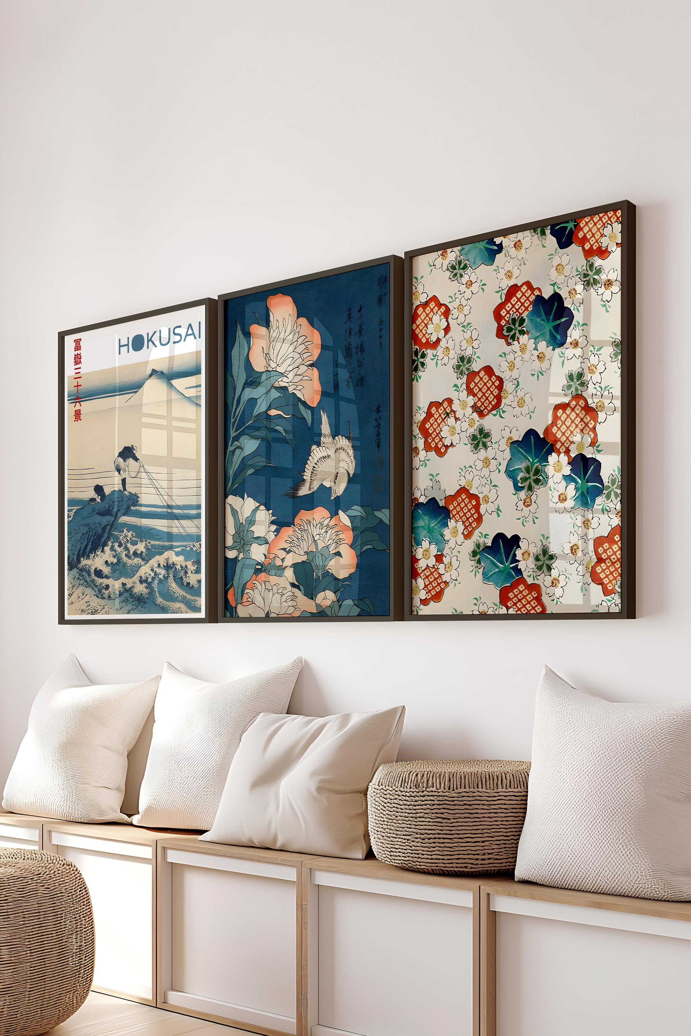 Siyah Çerçeveli Tablo Seti, Hokusai Duvar Tablosu, 3 Adet Poster Seti, No:300762