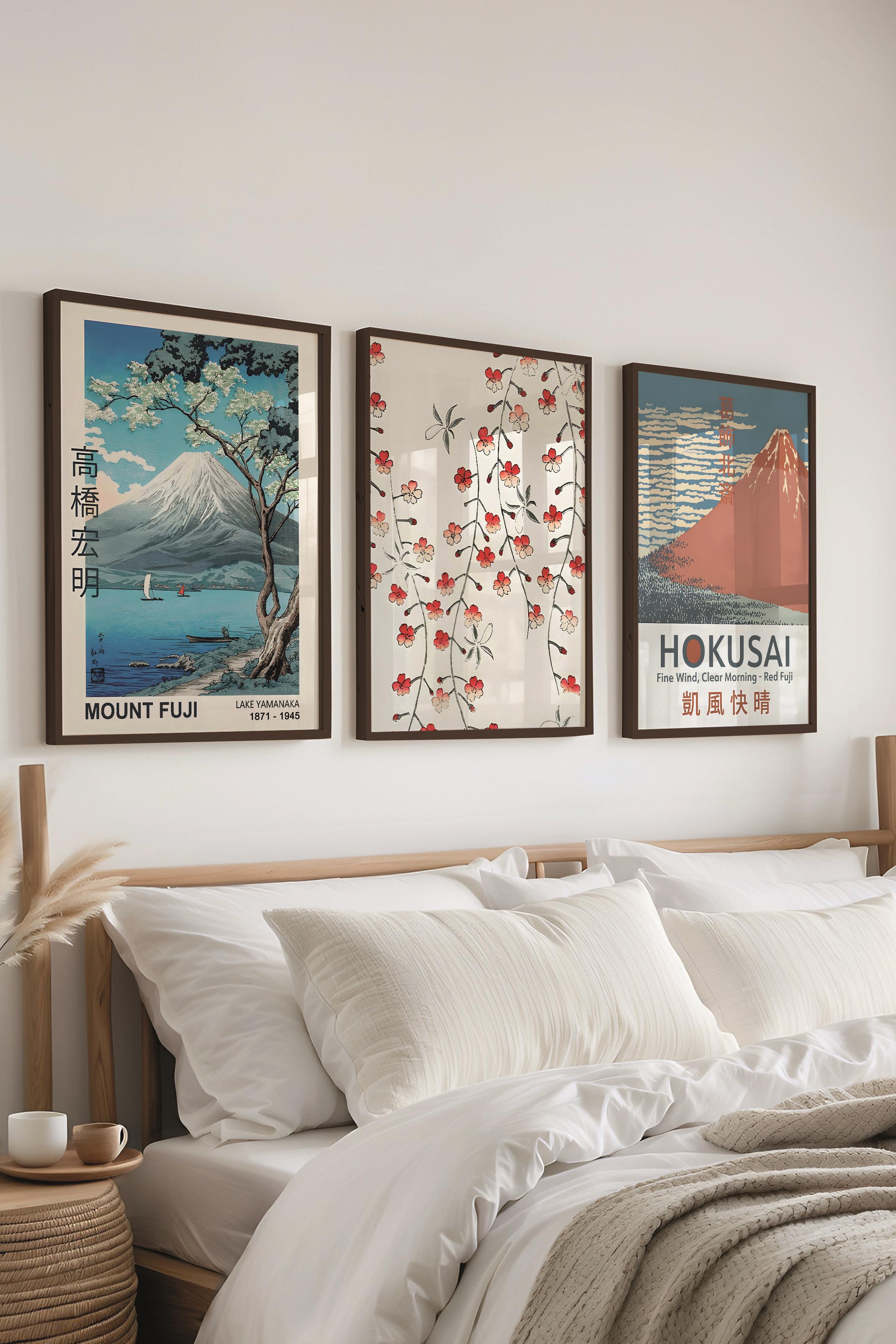 Siyah Çerçeveli Tablo Seti, Hokusai Duvar Tablosu, 3 Adet Poster Seti, No:300777