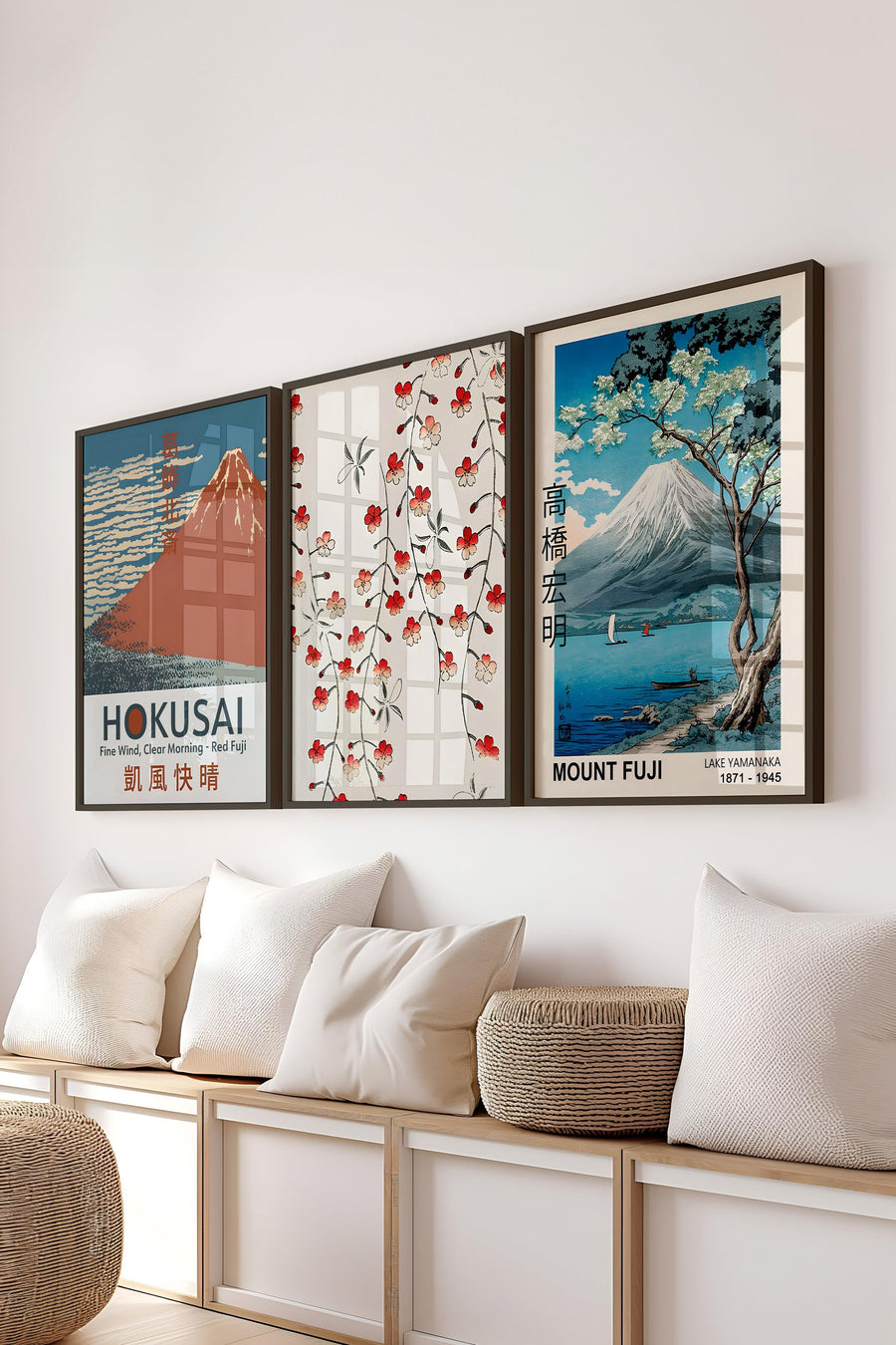 Siyah Çerçeveli Tablo Seti, Hokusai Duvar Tablosu, 3 Adet Poster Seti, No:300777