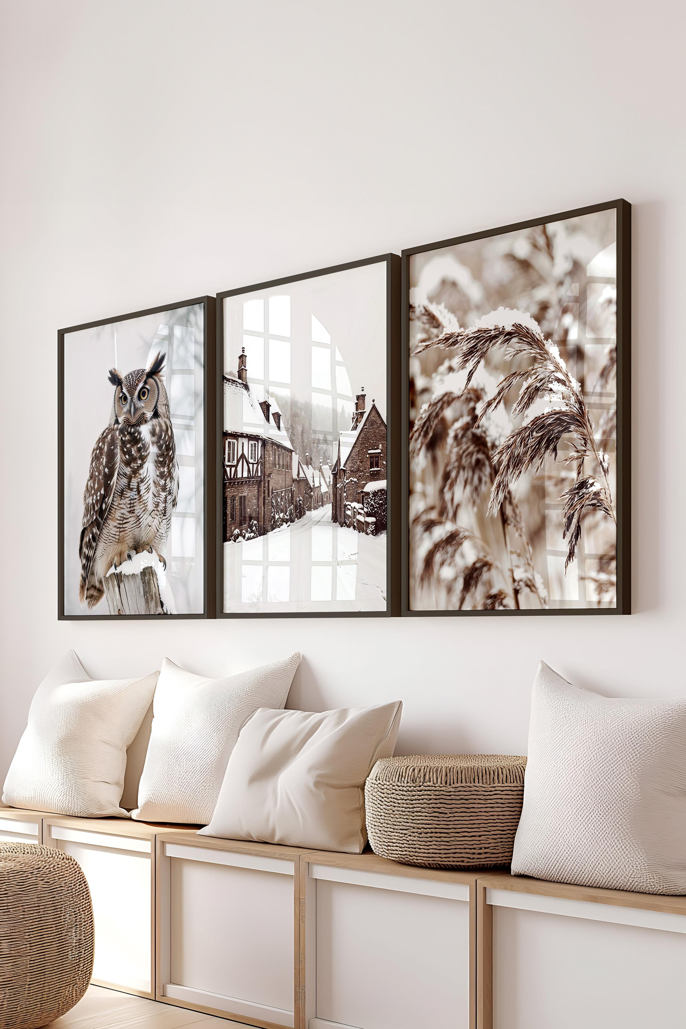 Siyah Çerçeveli Tablo Seti, Kış Fotoğrafları Duvar Tablosu, 3 Adet Poster Seti, No:300729