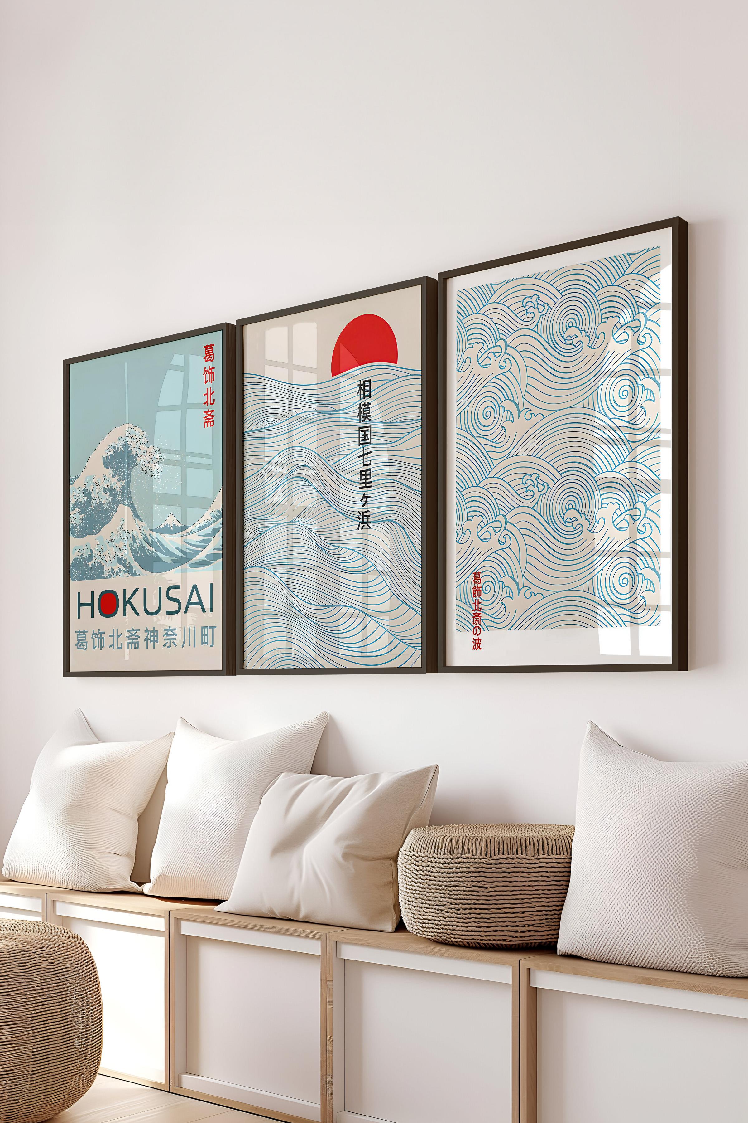 Siyah Çerçeveli Tablo Seti, Mavi Hokusai Duvar Tablosu, 3 Adet Poster Seti, No:300741
