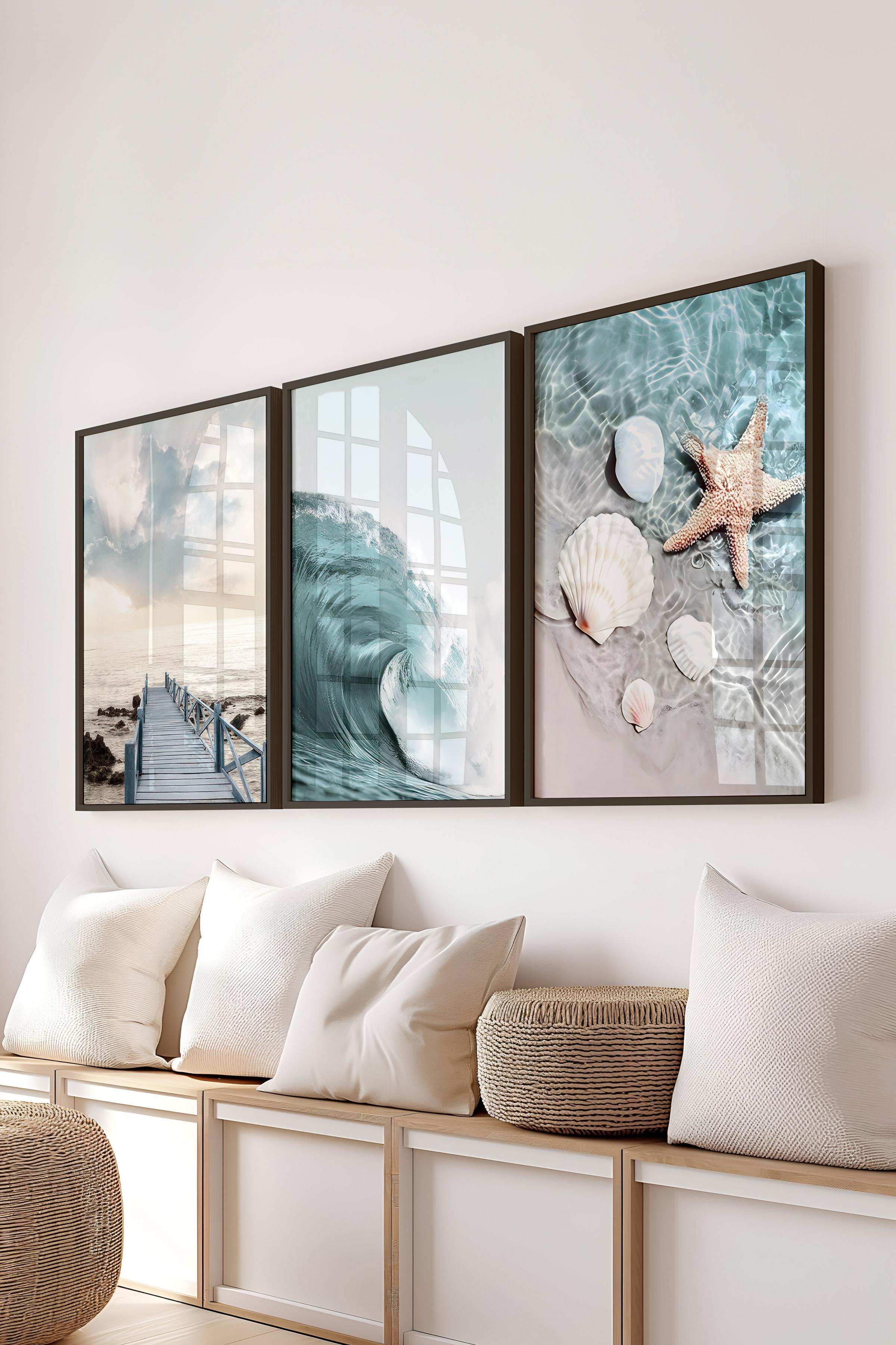 Siyah Çerçeveli Tablo Seti, Okyanus Fotoğraflar Duvar Tablosu, 3 Adet Poster Seti, No:300733