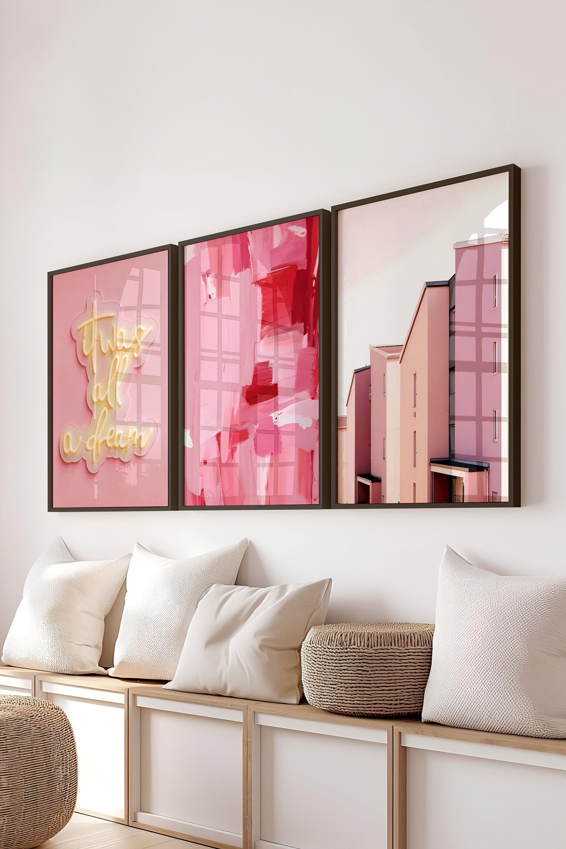 Siyah Çerçeveli Tablo Seti, Pembe Duvar Tablosu, 3 Adet Poster Seti, No:300748