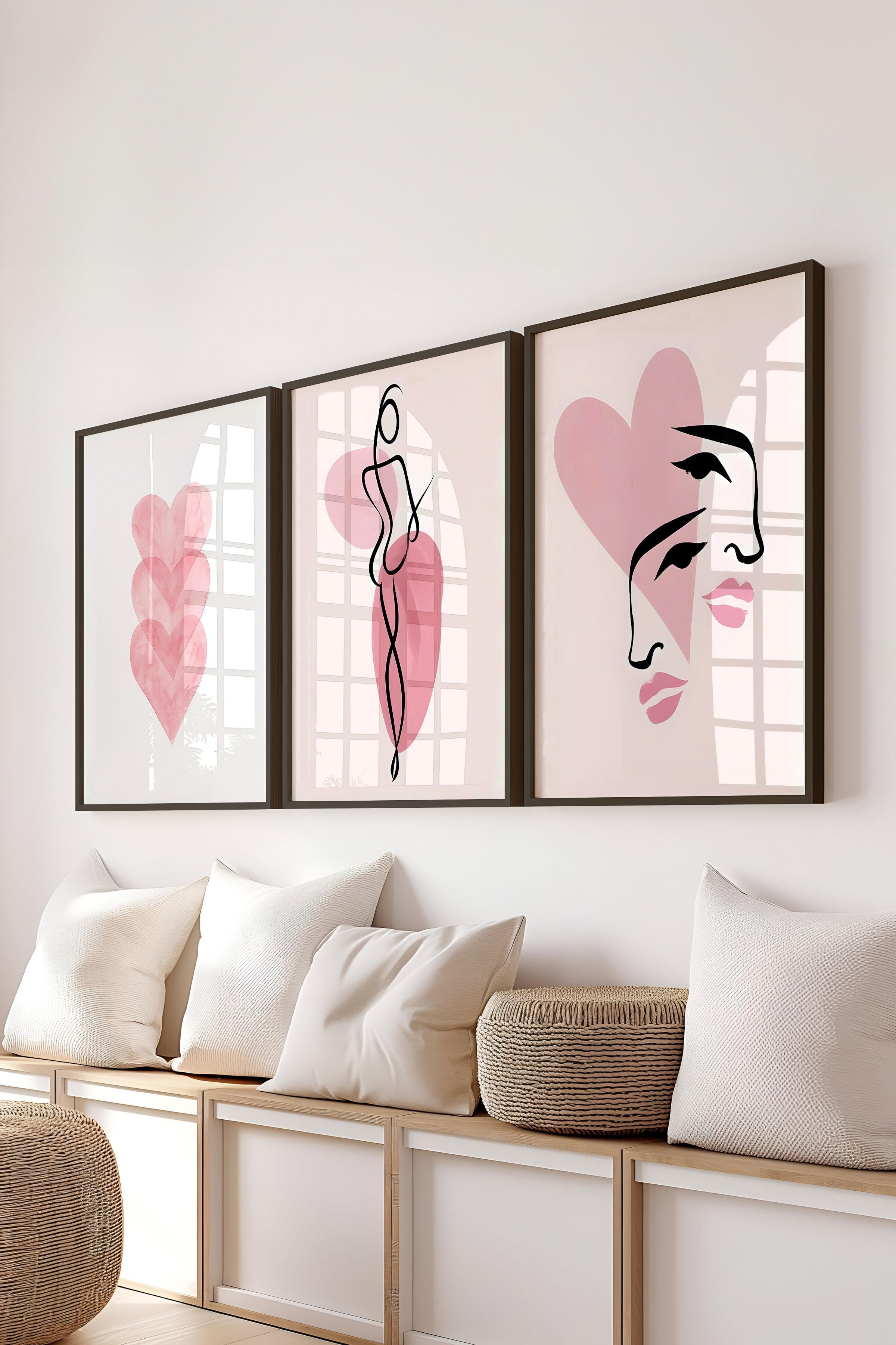 Siyah Çerçeveli Tablo Seti, Pembe Duvar Tablosu, 3 Adet Poster Seti, No:300749
