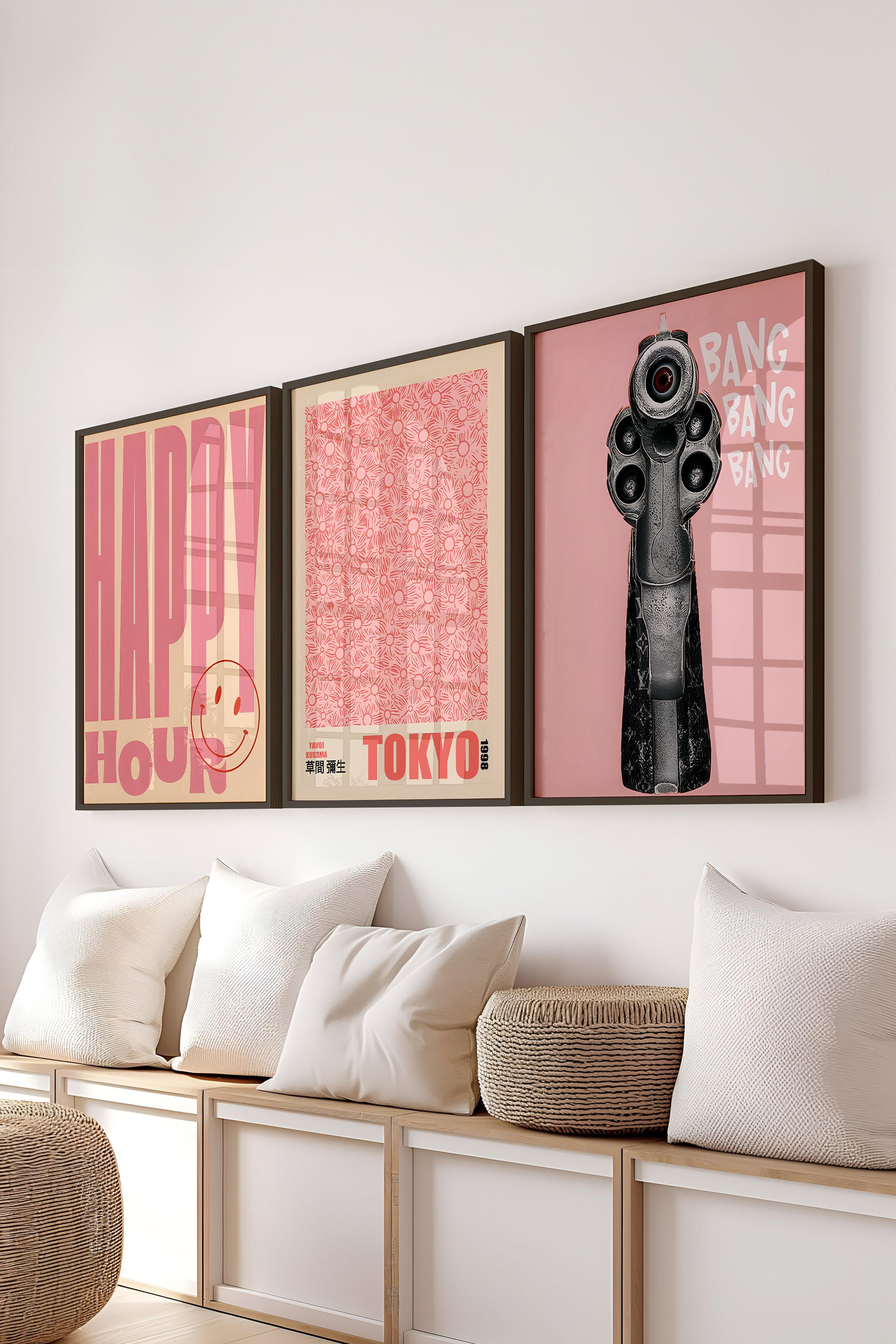Siyah Çerçeveli Tablo Seti, Pembe Duvar Tablosu, 3 Adet Poster Seti, No:300755