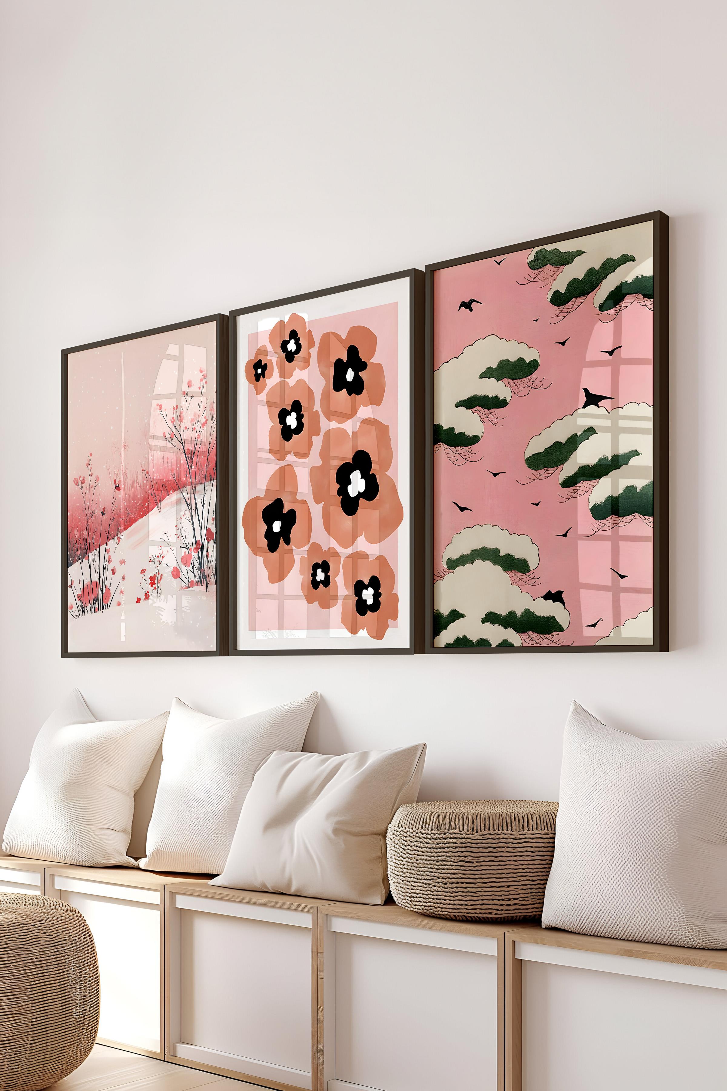 Siyah Çerçeveli Tablo Seti, Pembe Karma Duvar Tablosu, 3 Adet Poster Seti, No:300781