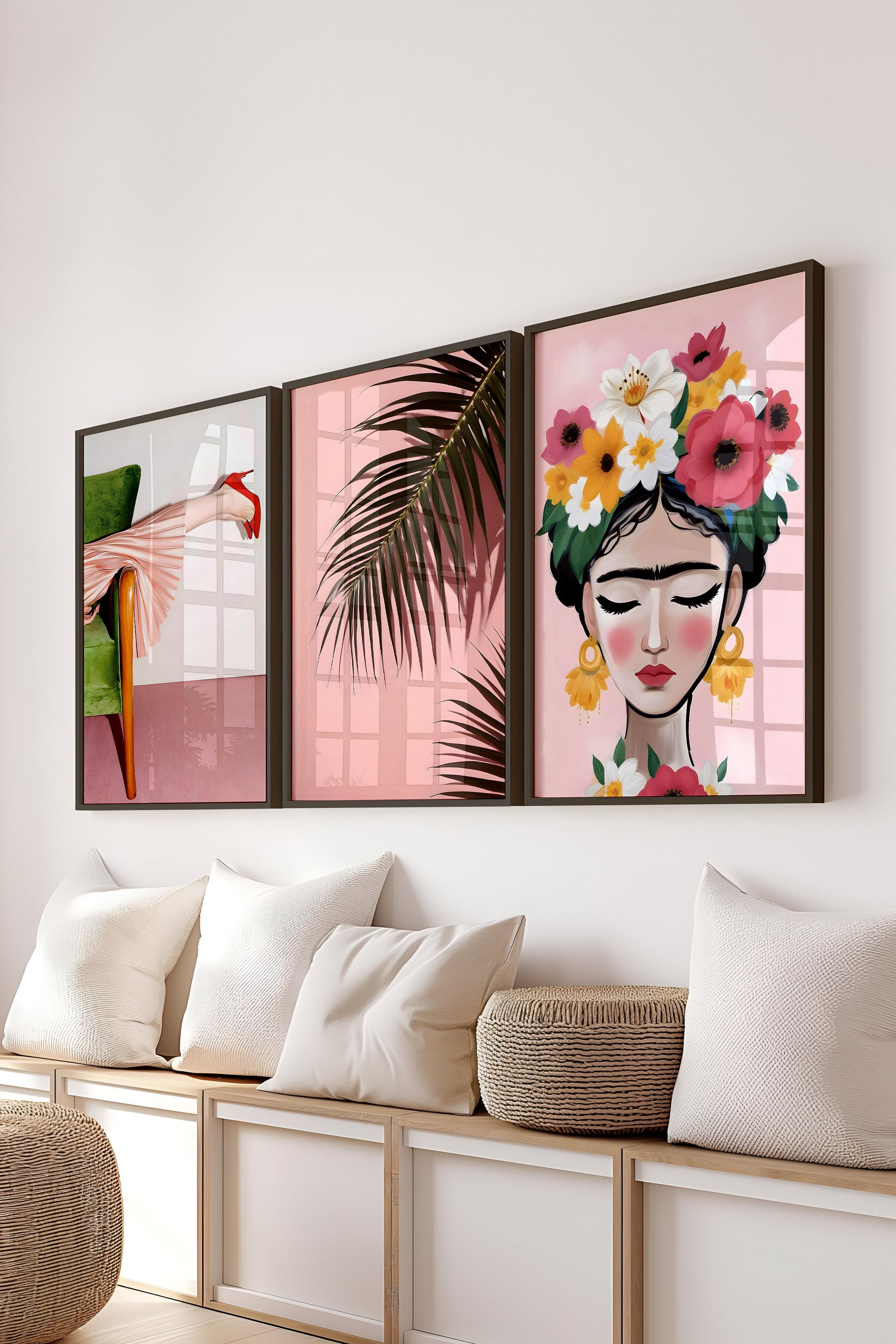 Siyah Çerçeveli Tablo Seti, Pembe Maximalist Duvar Tablosu, 3 Adet Poster Seti, No:300782