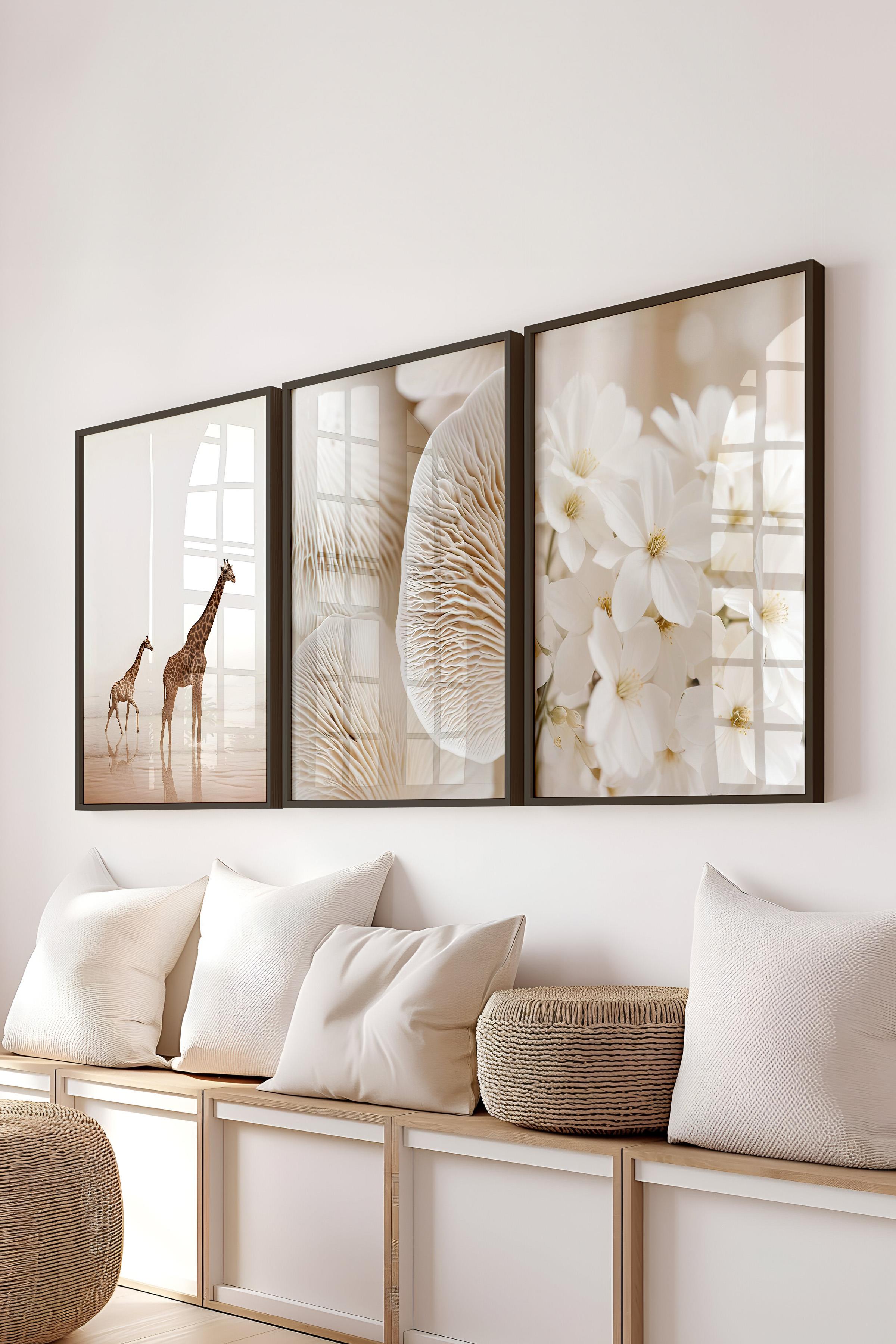 Siyah Çerçeveli Tablo Seti, Soft Bej Fotoğraf Duvar Tablosu, 3 Adet Poster Seti, No:300703