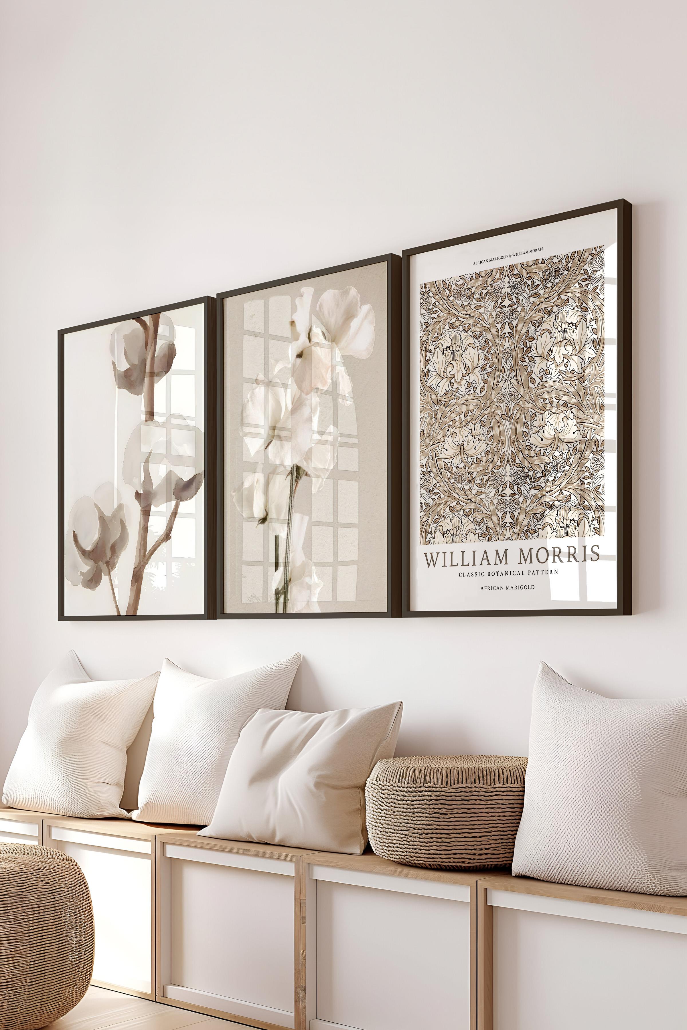 Siyah Çerçeveli Tablo Seti, Soft Kahverengi William Morris Duvar Tablosu, 3 Adet Poster Seti, No:300787