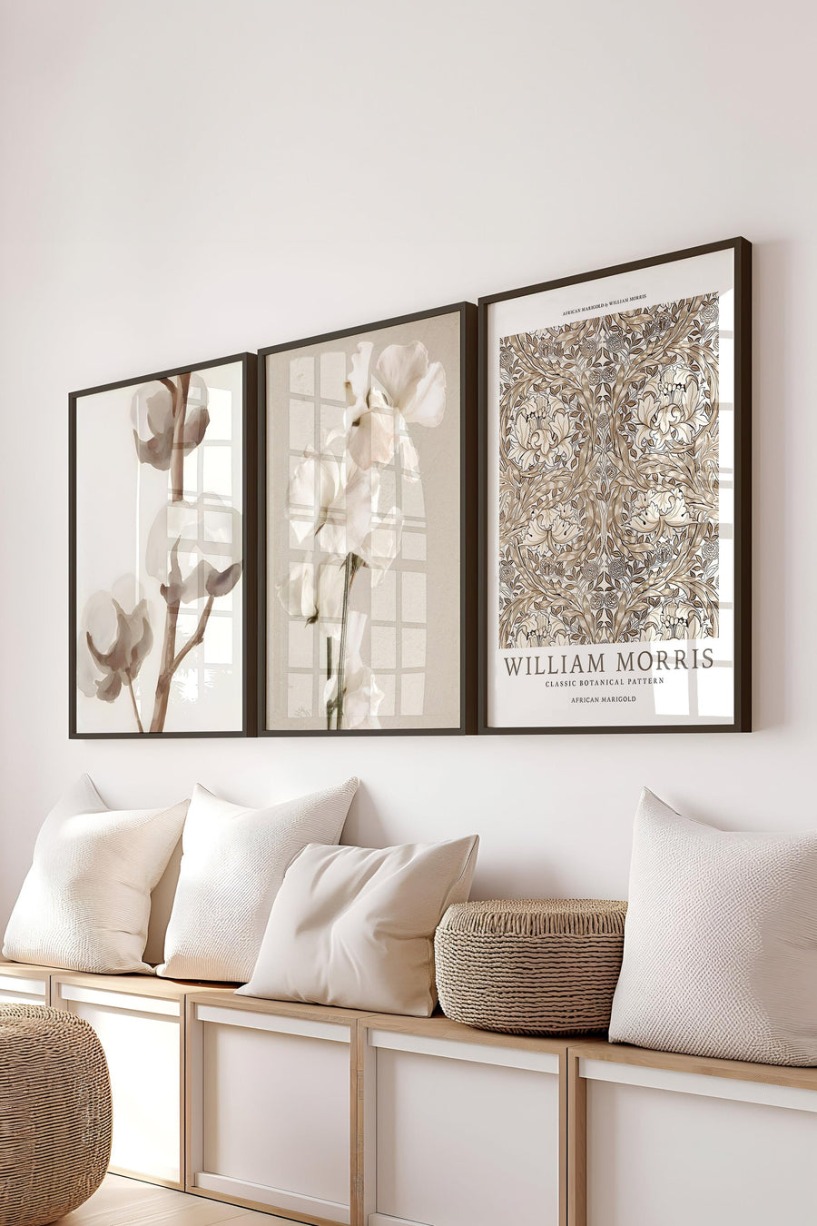 Siyah Çerçeveli Tablo Seti, Soft Kahverengi William Morris Duvar Tablosu, 3 Adet Poster Seti, No:300787
